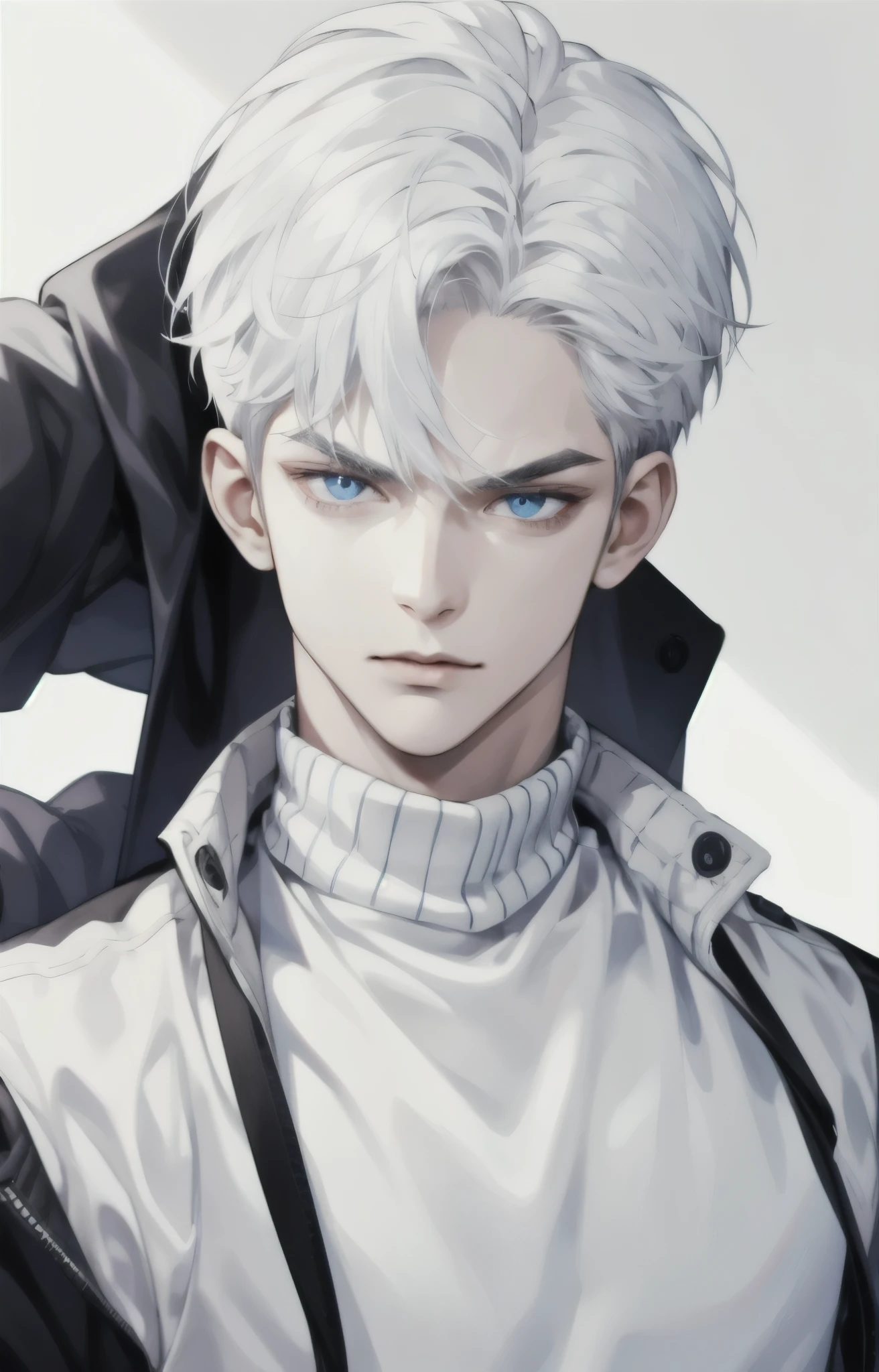 Boy, white hair, blue eyes, sharp, serious features, white skin, sweater
