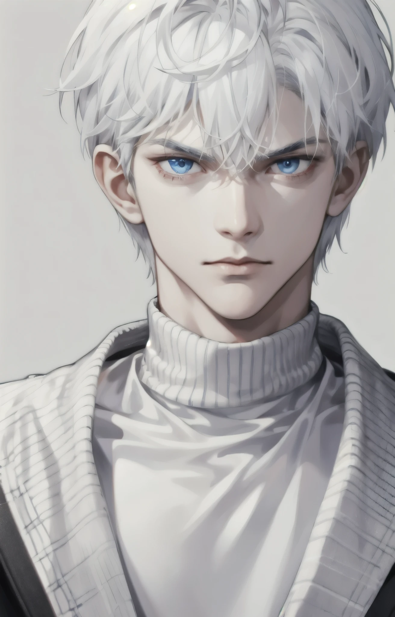 Boy, white hair, blue eyes, sharp, serious features, white skin, sweater