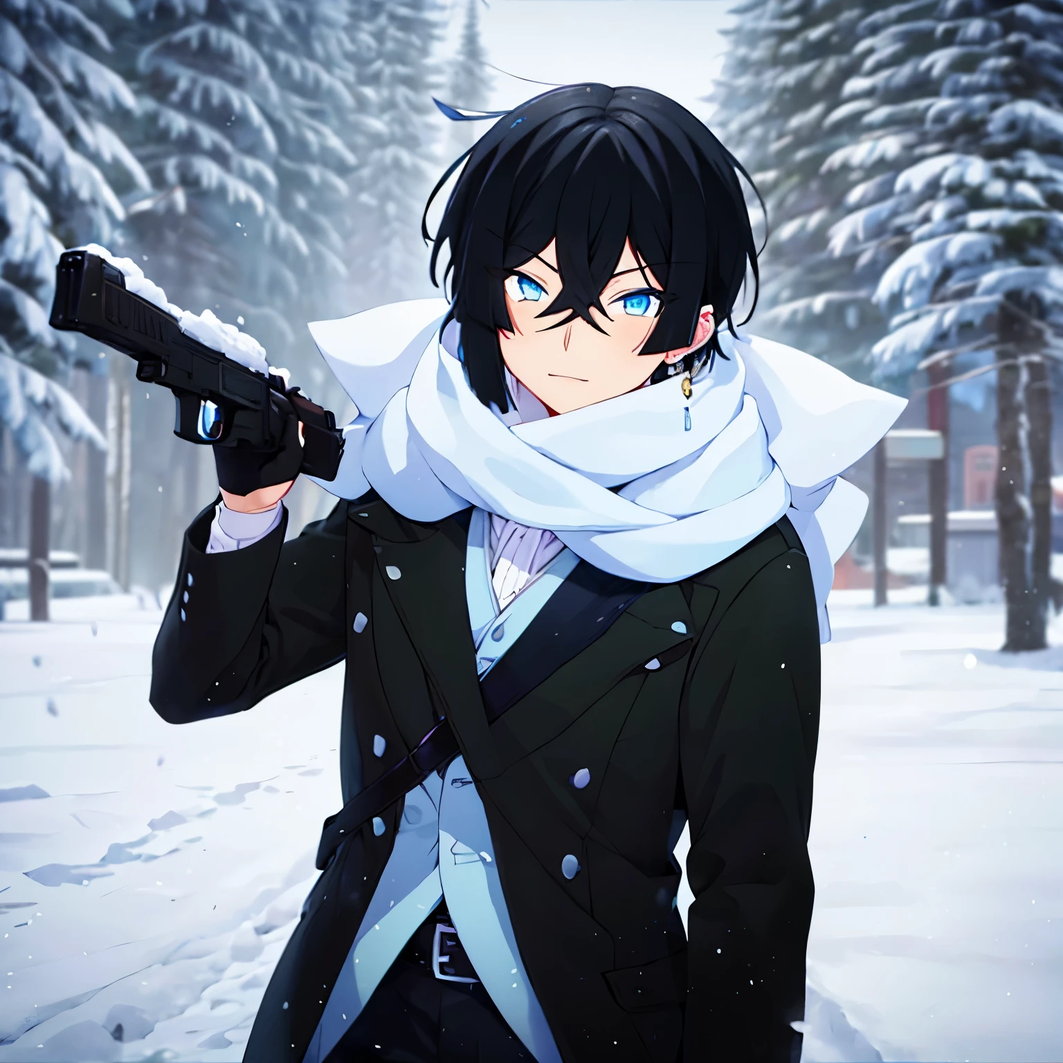 1boy,vanitas no carte,Holding a firearm, shooting,Aiming at the viewer, at the north pole, snow storm