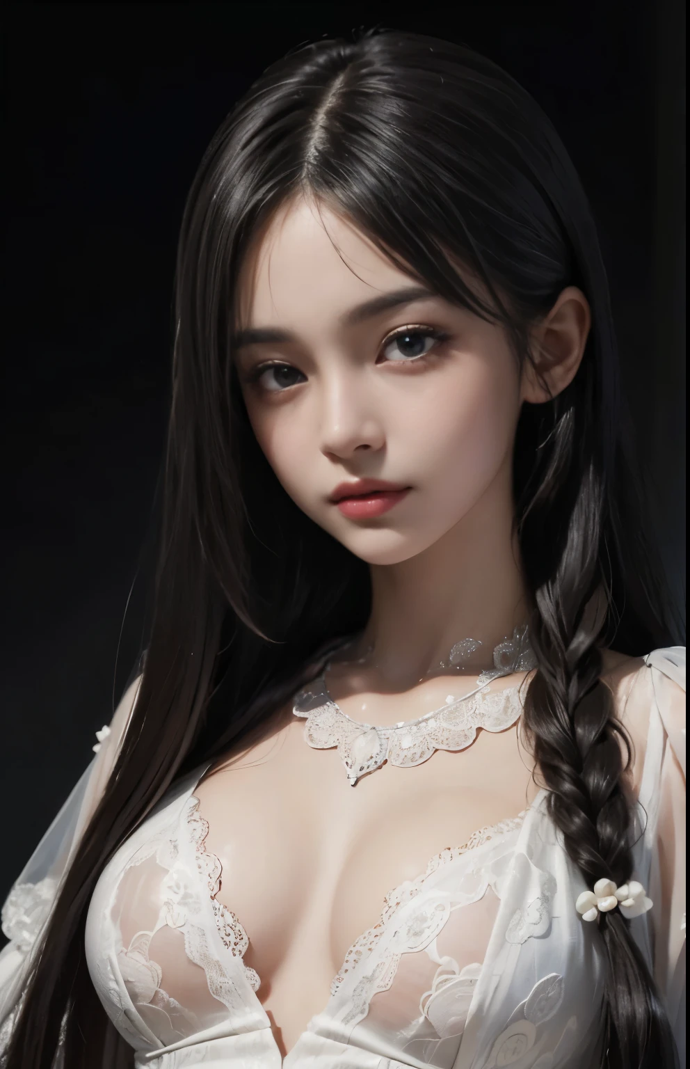(surreal), (shape), (Improved resolution), (8k), (very detailed), (Best shape), (beautiful and detailed eyes), (highest quality), (Super detailed), (masterpiece ), ( wallpaper), (detailed face), 1 girl, , white dress, lace chest, big breasts, looking at the viewer, small details, detailed face, in the dark, deep shadow, private key, Pure erotic face ace_v1, smile, long hair, black straight hair , 46 point diagonal bangs