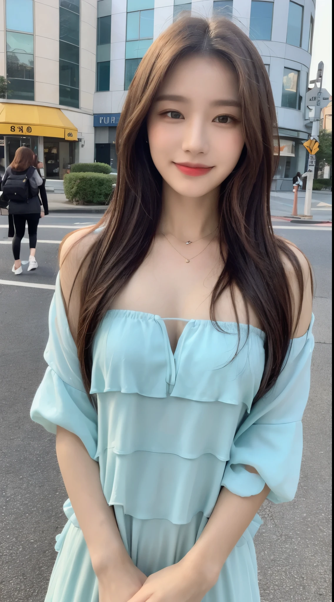 ((highest quality, 8k, masterpiece:1.3)), concentrated: 1.2, perfect body beauty: 1.4, buttocks: 1.2, ((layered haircut, chest: 1.2)), (fashionable clothes: 1.1), (sunny, street:1.3), bandeau dress: 1.1, Highly detailed face and skin texture, fine eyes, double eyelid, Whitening skin, long hair, (shut up: 1.3), smile,On a date,1 person