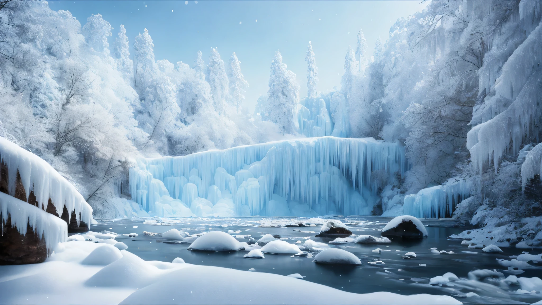 arafed waterfall in a snowy forest with ice and snow covered trees, beautiful snowy landscape, very beautiful digital art, beautiful digital painting, winter scene fantasy, gorgeous digital painting, beautiful digital art, surreal frozen landscape, beautiful digital artwork, snowy environment, beautiful winter area, icy landscape, beautiful oil matte painting, stunning digital painting, frozen waterfall, snow landscape background