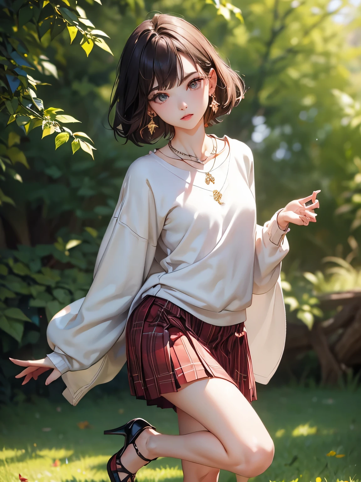 ((Biologically correct number of limbs))、((natural finger shape))、((full body shot, Full body photo including face、head to toe photo))、standing position、[NSFW]、4K、masterpiece、((focus on the face))、((Symmetrical facial features))、Eyes of minute description、Beautiful woman、outstanding style、beautiful clavicle、beautiful legs、slender body、(small ass、thin thighs）、(high heels）、Detailed depiction of faces、small earrings、necklace、Low - Angle、(upper body sweatshirt、Lower body plaid skirt）、Holiday morning park scenery、