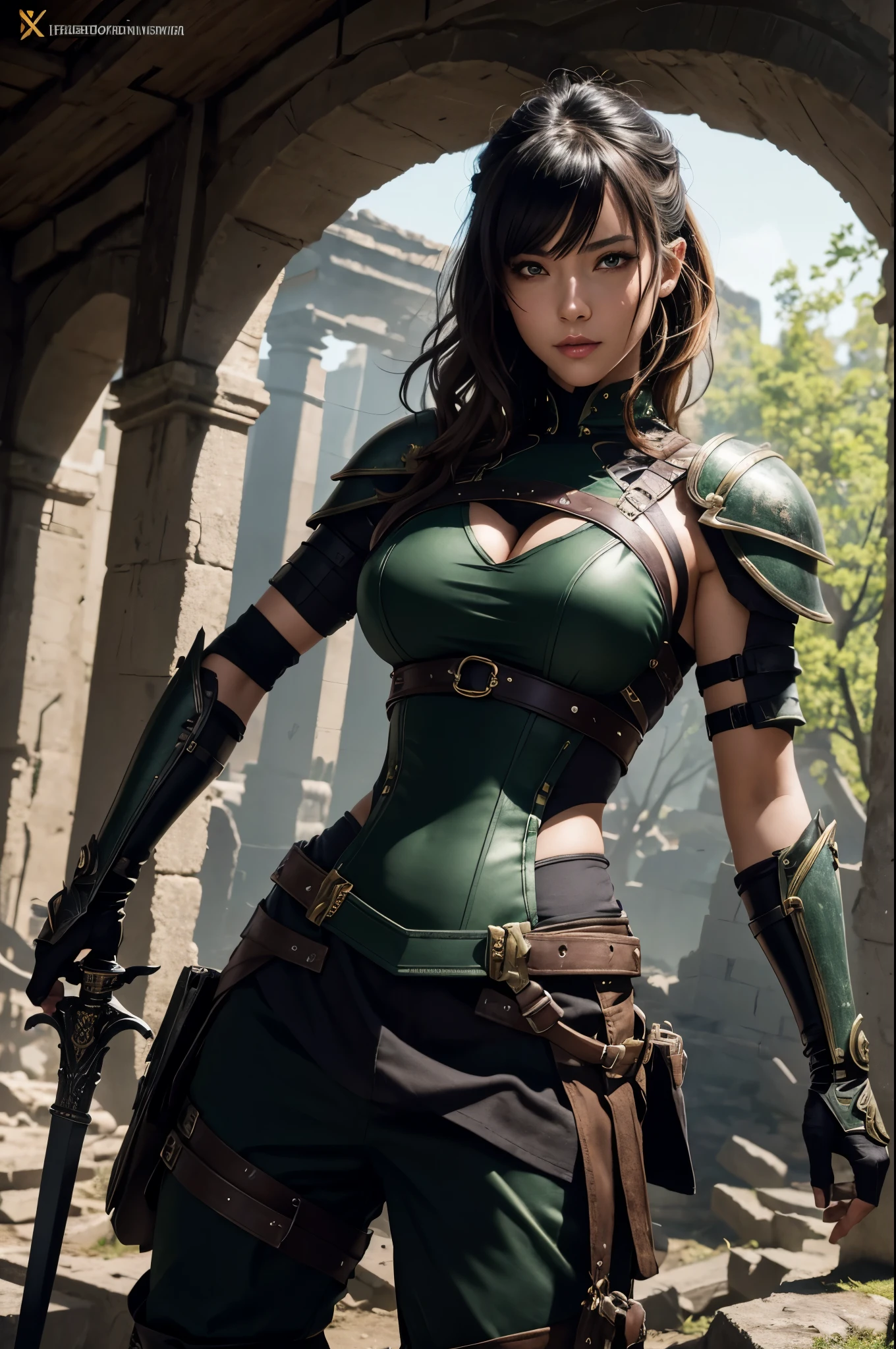 8K,Sexy medieval demon slayer in combat bondage outfit,Super beautiful(like the real thing),green eyes,Big eyes,green mohawk hair,black combat bondage pants,carry a long, large sword on one's back,fearless smile,detailed hazel eyes, sharp face, clear eyes, red lips, long bangs, short curly hair, blonde, 山の中の大きなIn front of the ruins, Upper body, sexy battle suit, military harness,luxurious black shoulder armor,masterpiece,Photorealistic RAW photos of the highest quality。bright colors,rich colors, Backlight, cinematic lighting, film grain, to be born, 50mm lens, Nikon D850,detailed character art,fantasy art,ultra high resolution,super realistic skin,perfect hand shape,In front of the ruins,dynamic pose,Close-up,