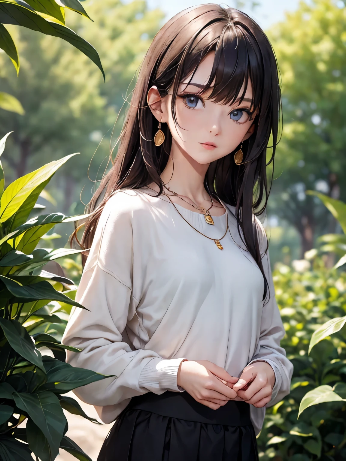 ((Biologically correct number of limbs))、((natural finger shape))、((full body shot, Full body photo including face、head to toe photo))、standing position、[NSFW]、4K、masterpiece、((focus on the face))、((Symmetrical facial features))、Eyes of minute description、Beautiful woman、outstanding style、beautiful clavicle、beautiful legs、slender body、(small ass、thin thighs）、(high heels）、Detailed depiction of faces、small earrings、necklace、Low - Angle、(upper body sweatshirt、lower body skirt）、Holiday morning park scenery、