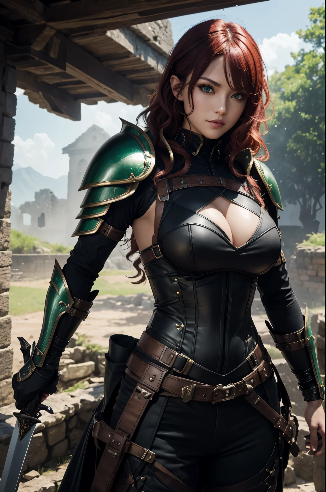 8K,Sexy medieval demon slayer in combat bondage outfit,Super beautiful(like the real thing),green eyes,Big eyes,green mohawk hair,black combat bondage pants,carry a long, large sword on one's back,fearless smile,detailed hazel eyes, sharp face, clear eyes, red lips, long bangs, short curly hair, blonde, 山の中の大きなIn front of the ruins, Upper body, sexy battle suit, military harness,luxurious black shoulder armor,luxurious black chest armor,masterpiece,Photorealistic RAW photos of the highest quality。bright colors,rich colors, Backlight, cinematic lighting, film grain, to be born, 50mm lens, Nikon D850,detailed character art,fantasy art,ultra high resolution,super realistic skin,perfect hand shape,In front of the ruins,dynamic pose,Close-up,