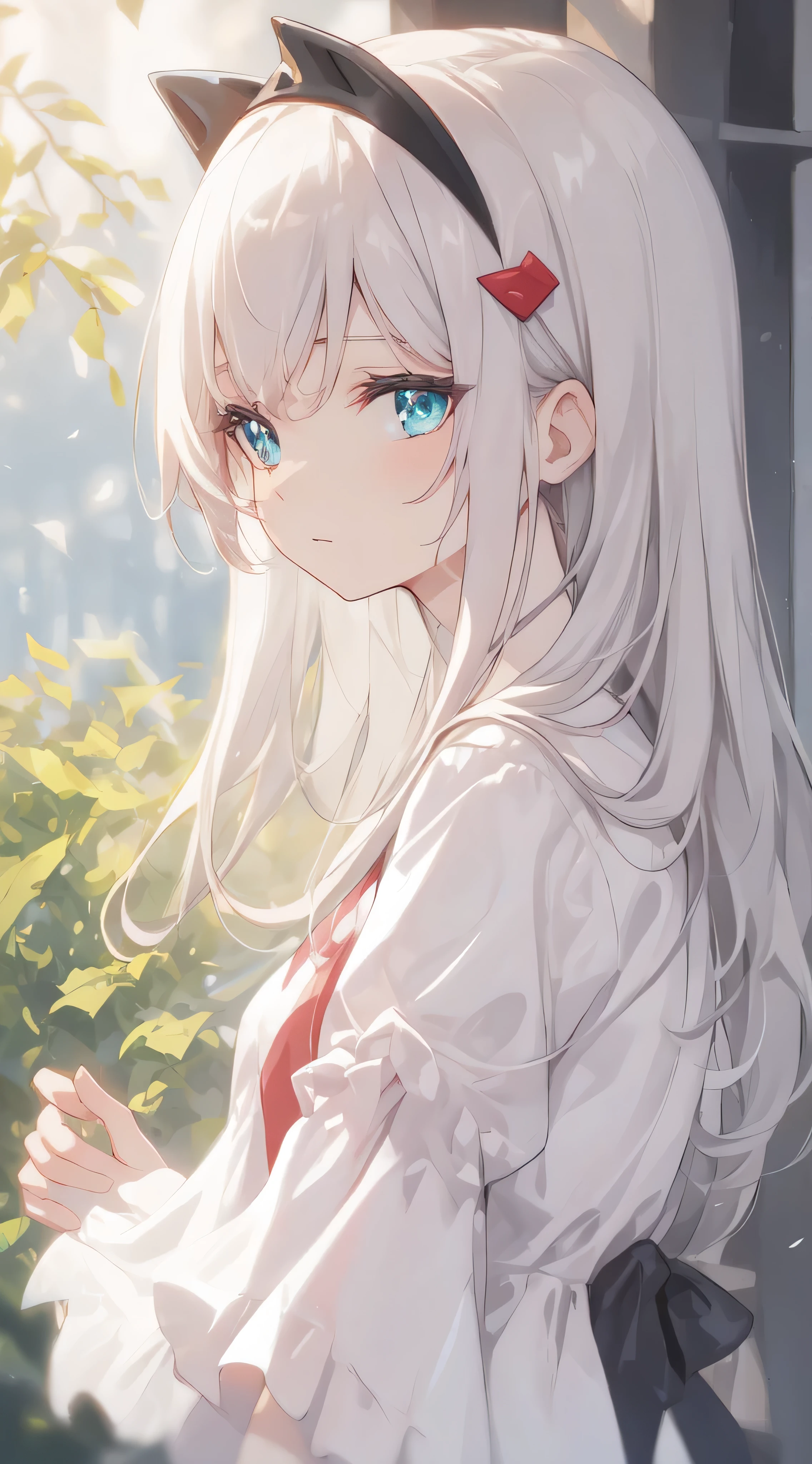 art by Cornflower, dready (A girl with beautiful detailed eyes, long hair, grey hair, aqua eyes). (Young girl , cute girl). White T - shirt. black hair Clip.The depth of field in the photo is perfect and the lens flare adds a nice touch. The fine details on her face really stand out, score because of this photo Definitely greater than 10.