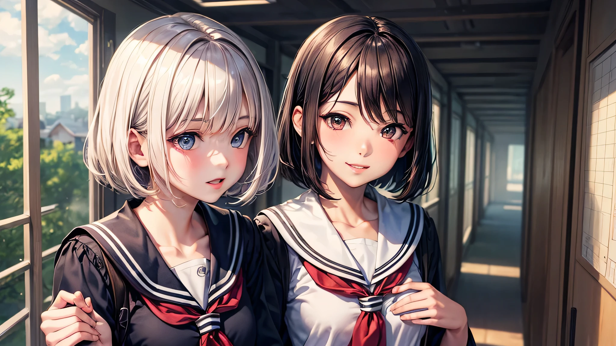 (2 girls:1.2), incredibly beautiful face,, shining smile, short bob, (school uniform, mini skirt:1.2), (highest quality: 1.4), (Super detailed), (highest quality:1.4), (super detailed), evening, (Corridor of the Japan-man school), (anime illustration), very high resolution, (Upper body), close up face