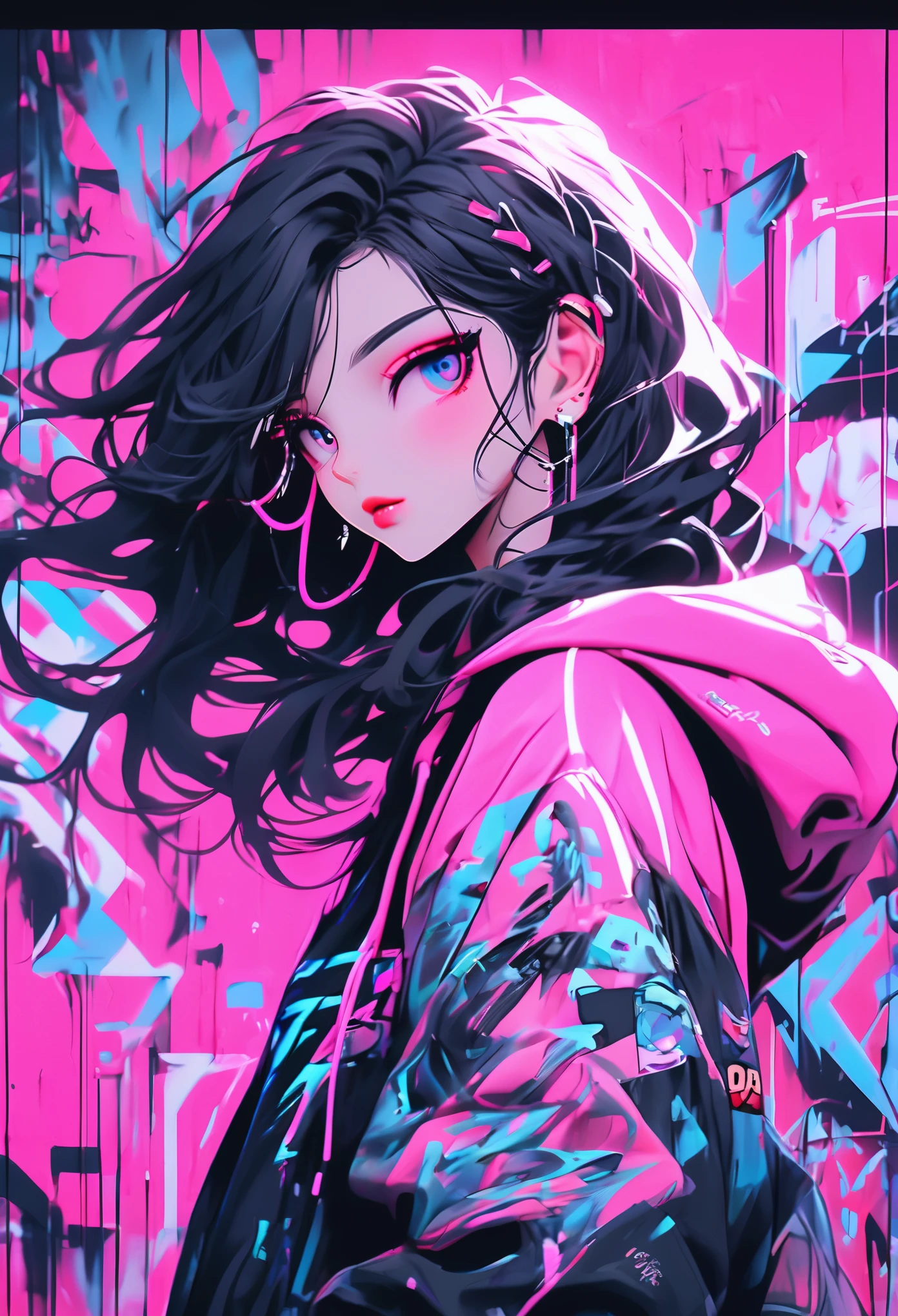 An e-girl with black long wavy hair stands against a graffiti-covered wall, wearing a neon pink hoodie. The scene is ultra-detailed and realistic, with a high-resolution and 4k quality that highlights every detail. The e-girl's hair flows in gentle waves, adding a touch of elegance to her appearance. The graffiti-covered wall behind her is filled with vibrant colors and bold designs, creating a dynamic and urban atmosphere. The overall color scheme of the image is dominated by neon pink hues, giving it a futuristic and edgy feel. The lighting in the scene is dim and moody, with a hint of cosmic theme, casting a soft glow on the e-girl's face and emphasizing her features.