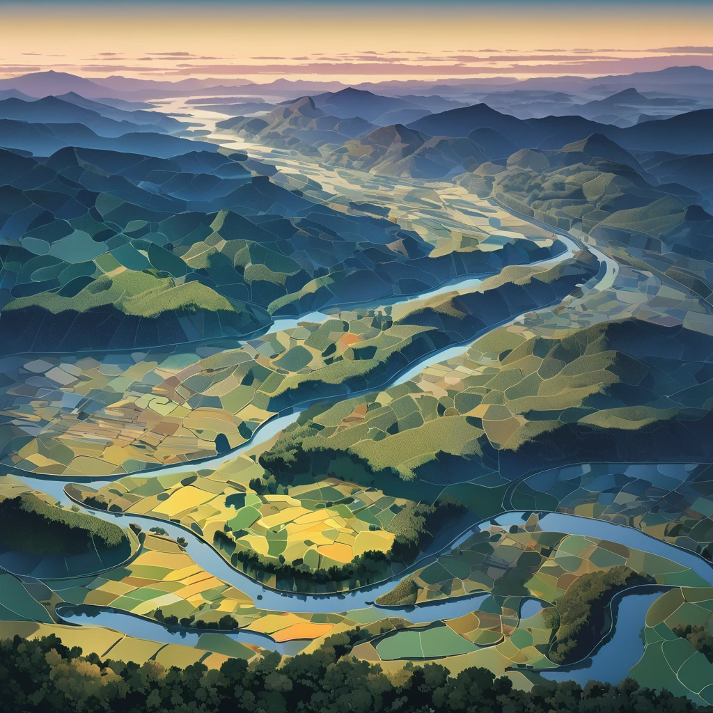 Aerial View, aesthetic, extremely detailed, Aerial View,sweeping panoramic expanse,patchwork quilt of fields,ribbon-like meandering rivers,steel-and-glass urban sprawl,fleeting shadows of passing clouds,terrain undulating with hills and valleys,dappled sunlight kissing treetops,muted palette of earth tones,night,low-light amplification,star-speckled sky,moonlit landscape,ethereal glow from distant towns,shadows stretching into oblivion,camera settings,wide aperture,high ISO,slow shutter speed,steady drone stabilization,manual focus adjusted for infinite view,mood/feelings and atmosphere,tranquil serenity,quietude of the world from above,melancholic beauty in isolation,sublime sense of scale,artistic medium as well as techniques,digital painting,oil on canvas,pointillism,panoramic photography,multiple exposure layering,artists, illustrators, painters, art movements,David Hockney,Yayoi Kusama,Bob Ross,Andy Warhol's pop art,Hudson River School,Japanese Ukiyo-e