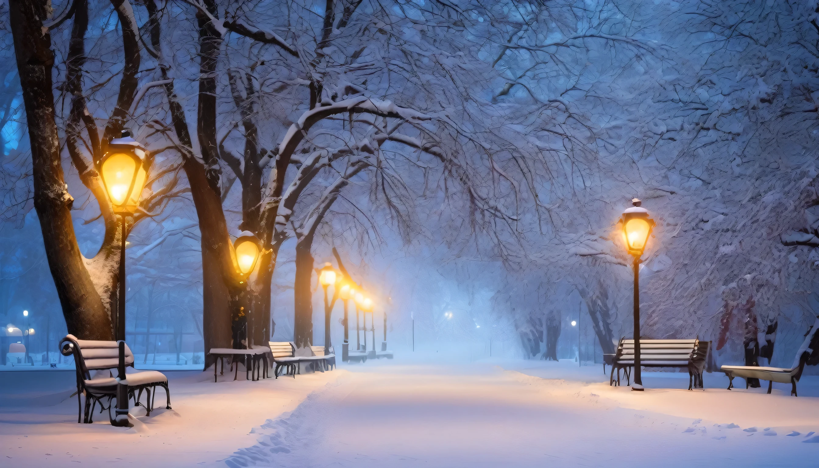 A road in the park on a winter evening covered with white snow, a snow-covered bench on the sidewalk, a few softly lit lampposts, trees in the park covered with snow