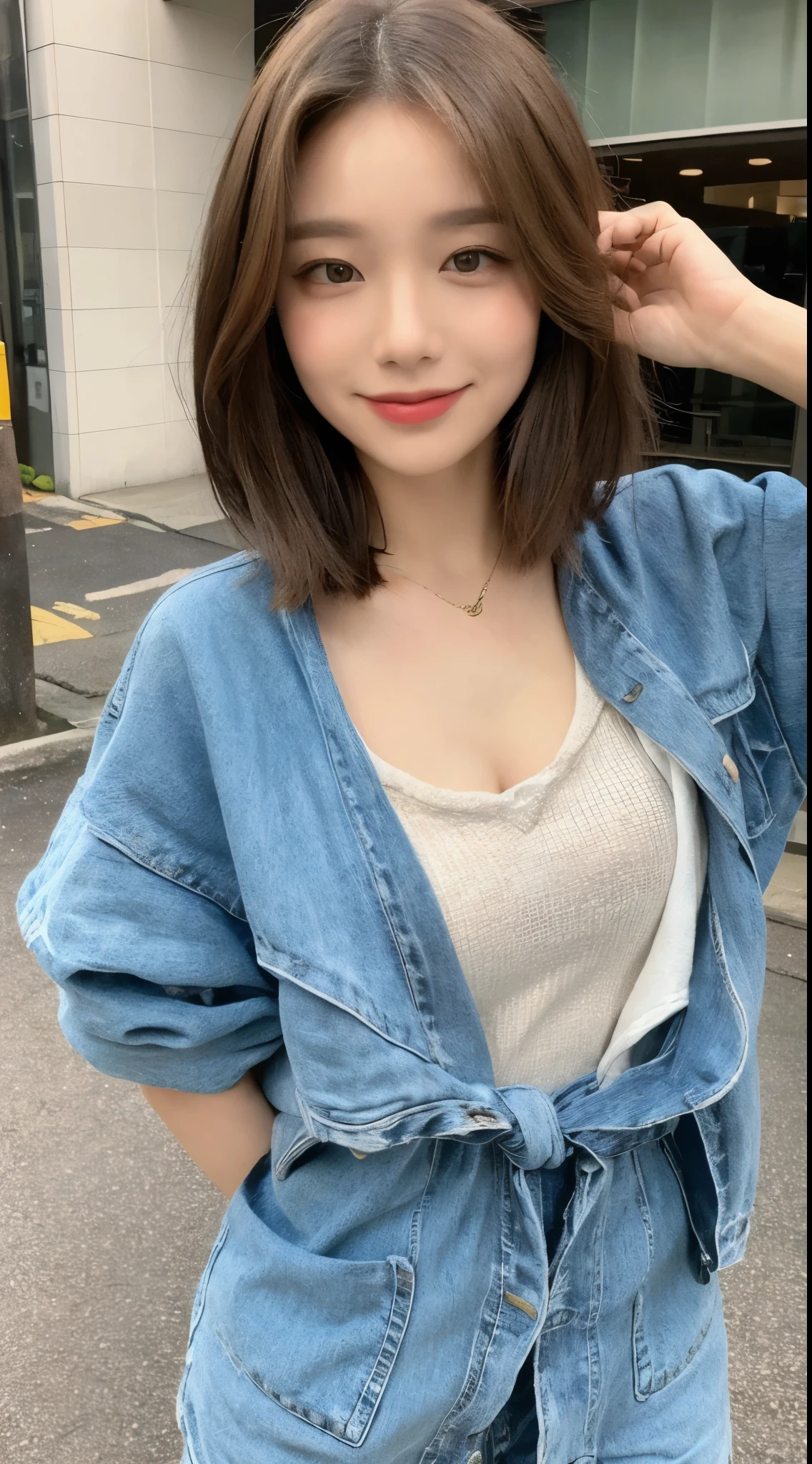 ((highest quality, 8k, masterpiece:1.3)), concentrated: 1.2, perfect body beauty: 1.4, buttocks: 1.2, ((layered haircut, chest: 1.2)), (fashionable clothes: 1.1), (sunny, street:1.3), bandeau dress: 1.1, Highly detailed face and skin texture, fine eyes, double eyelid, Whitening skin, long hair, (shut up: 1.3), smile,Eating around,1 person