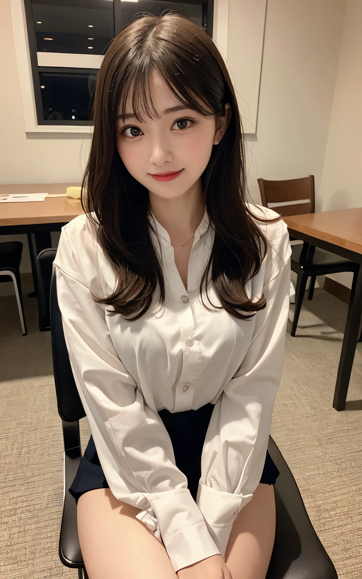 table top, highest quality, figure, super detailed, finely, High resolution, 8k wallpaper, 完璧なダイナミックな構figure, detailed and beautiful eyes, suit,bob hair, middle of chest, natural color lip, random sexy poses,smile,20 year old girl、、japan room、sit on a chair、perfect feet、perfect arms、Female college student、dinner、night view、the button on the shirt is open、While eating,sushi、正面からの構figure