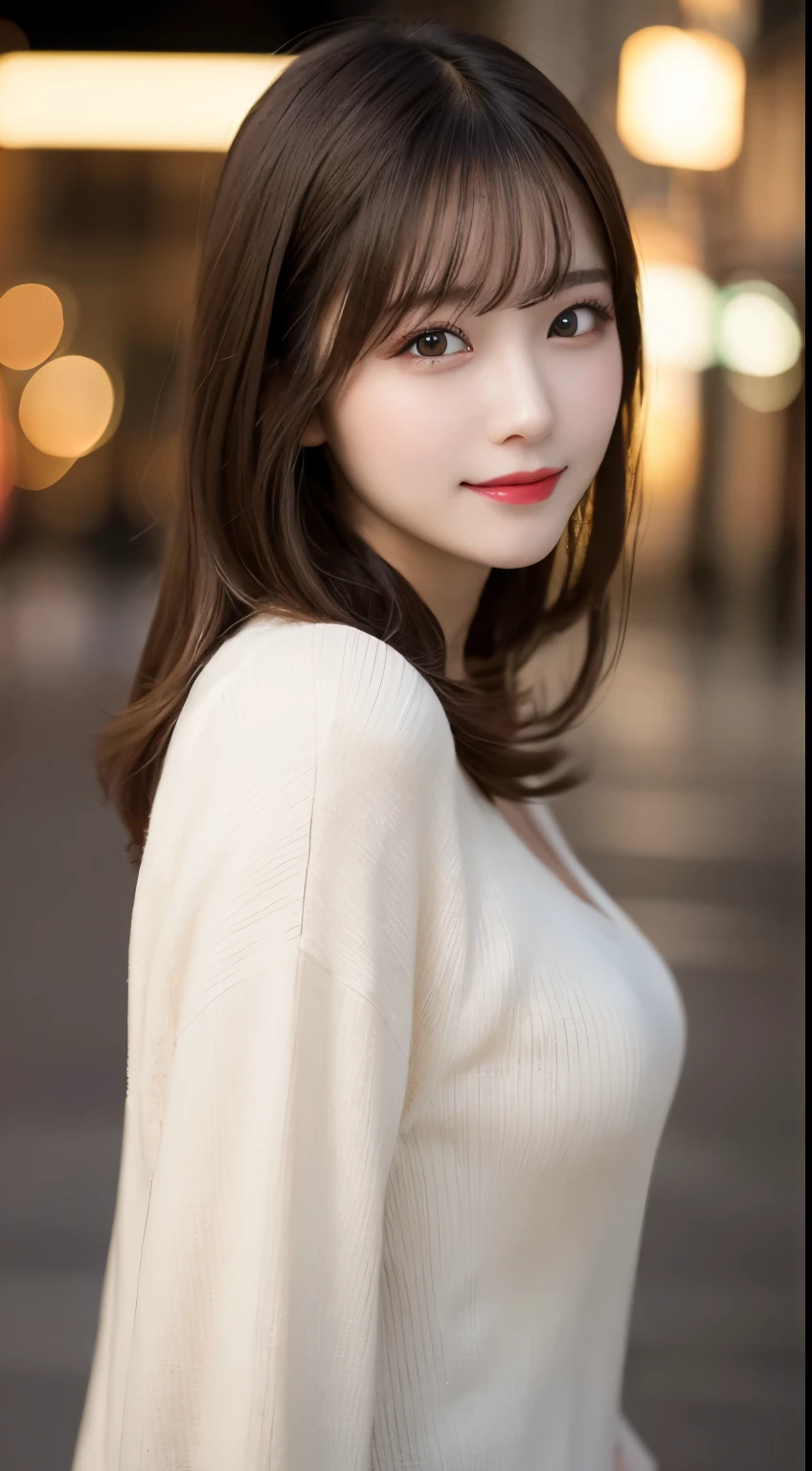 table top, highest quality, shape, Super detailed, finely, High resolution, 8k wallpaper, 完璧なダイナミックな構shape, beautiful and detailed eyes, elegant winter clothes,medium hair,small breasts natural color lip, bold sexy pose,smile、20 year old girl、cute、sexy shot looking at camera,night,beautiful and detailed face,Elegant face,perfect and beautiful face,slim face and body,spread your arms wide、background blur
