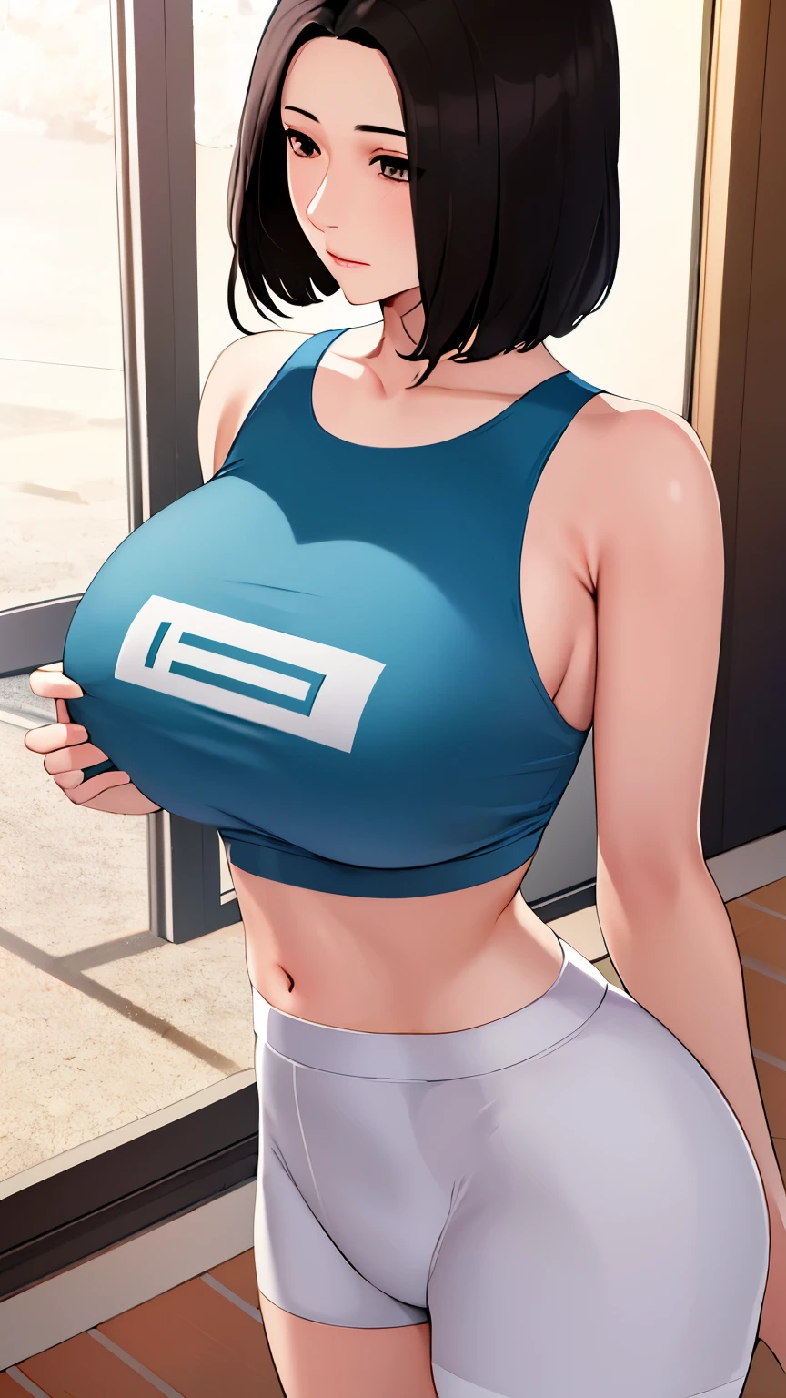 (masterpiece,Highest Quality),,,A dark-haired,Medium Hair,Sportsbra, white panties , front pose, view at viewer, narrow waist, big breast, tank top, underboobs, manhwa girl, sexy
