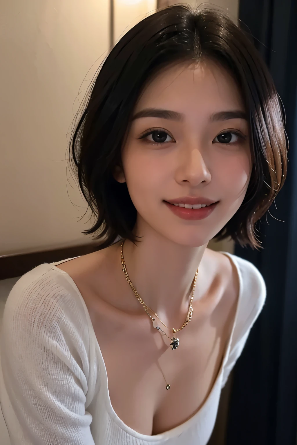 There is a woman with a necklace around her neck posing for a photo, 27 years old, 28 years old, 29 years old, short hair, 21 years old, 23 years old, 22 years old, 32 years old, Slightly cute smile, Cute and charming smile, malaysian, beautiful asian girl, 38 years old