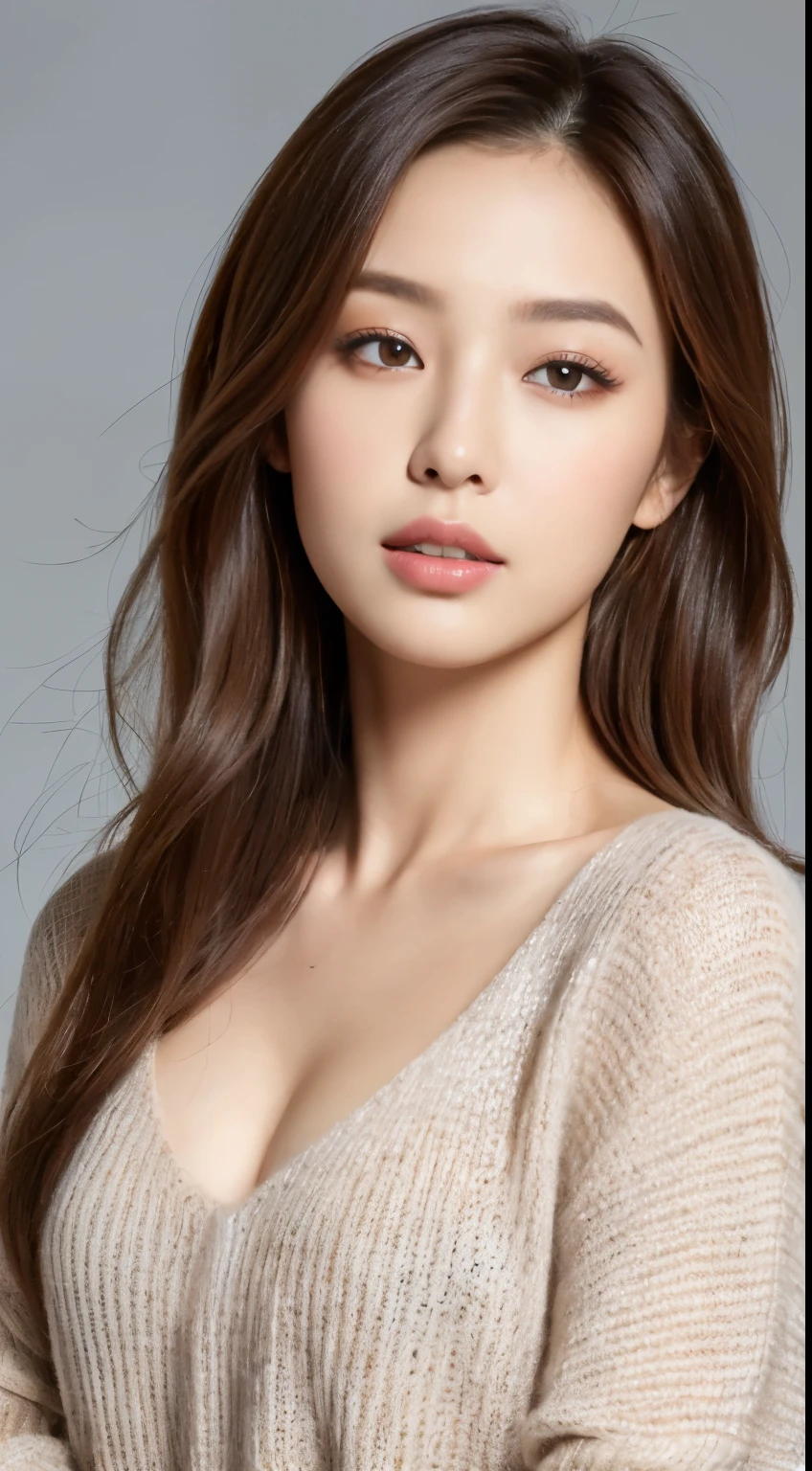 (highest quality, 4k, masterpiece :1.3), Beautiful woman, 1 girl, (Medium chest, attractive body :1.2), abs :1.1, light brown hair: 1.1, super detailed face, lip details, fine eyes, double eyelid、gray gradient sweater