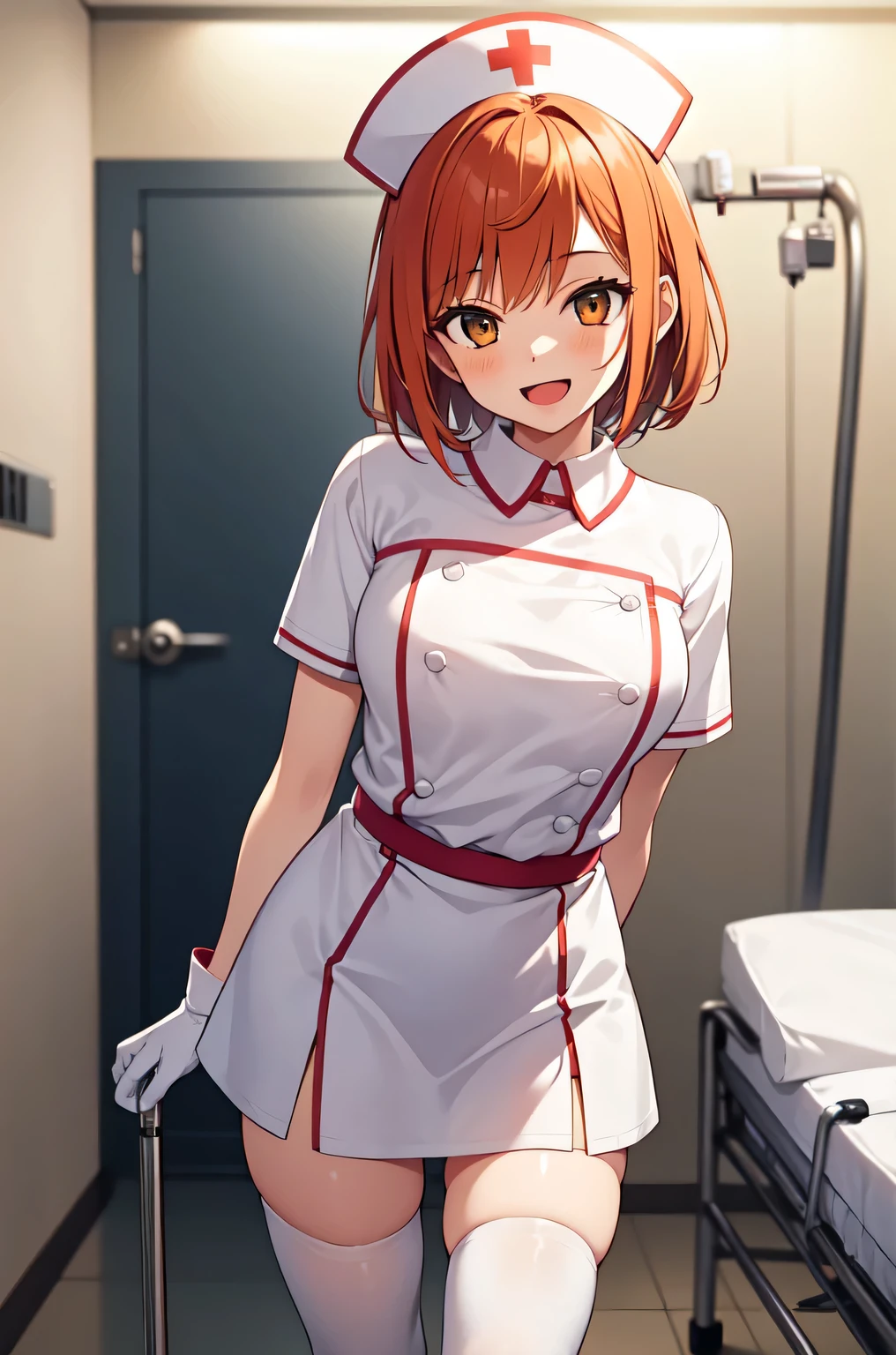 1girl, solo, nurse, nurse cap, white nurse uniform, ((white legwear, zettai ryouiki)), white gloves, very short hair, orange hair, smile, open mouth, standing, ((hospital room)), sharp outline, short sleeves, tomboy, boyish, best quality, masterpiece