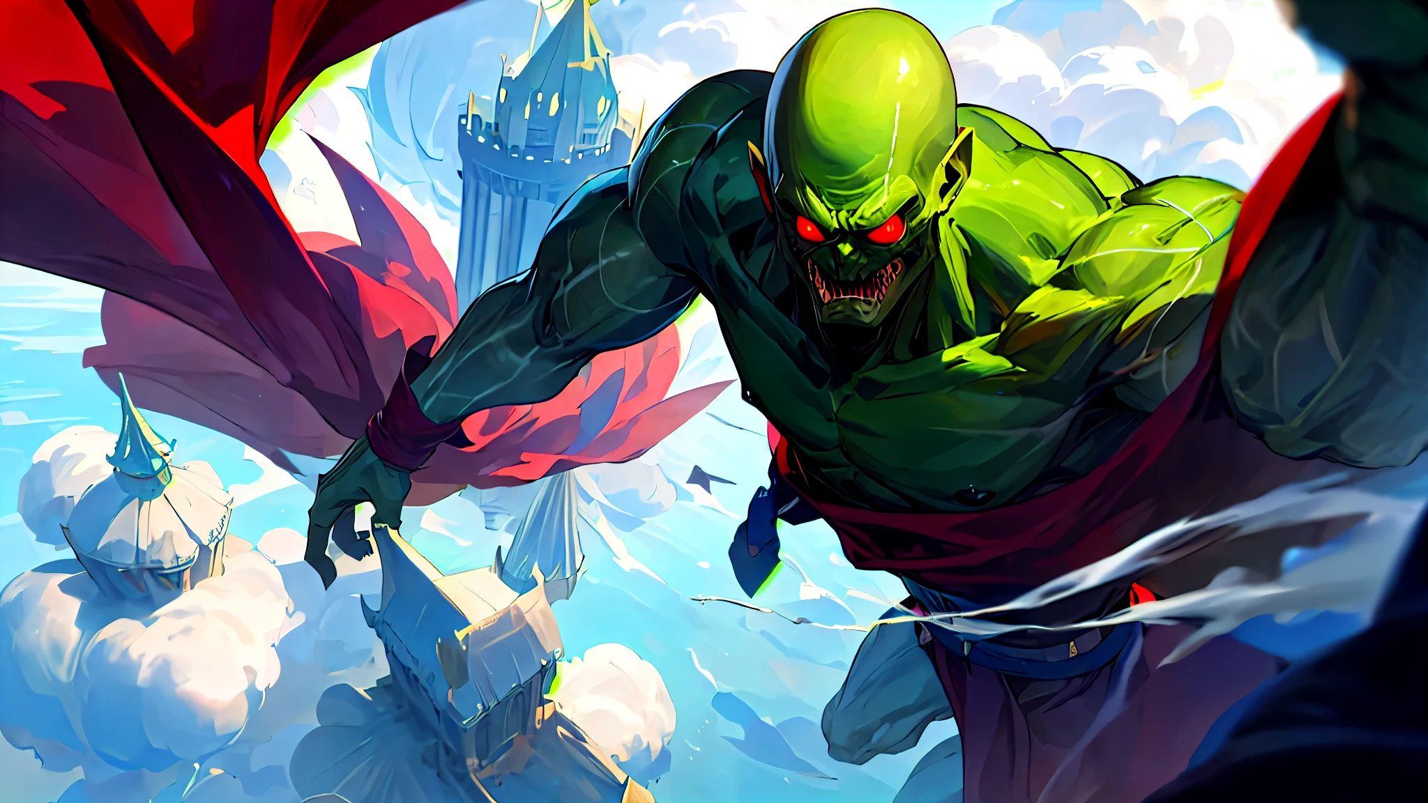 A terrifying green-skinned, bald-headed, red-eyed giant was walking from a castle in the clouds.