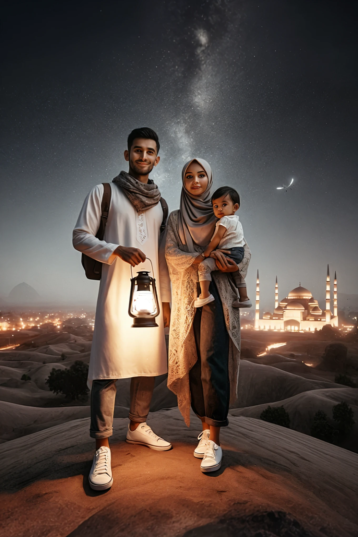 muslim couple standing in desert with lantern and mosque in background, by Abdullah Gërguri, happy family, family portrait, high quality portrait, an indonesian family portrait, holding a lantern, true realistic image, stunning photoshot, by Ismail Acar, by Ibrahim Kodra, muslim, by Amir Zand, nights, husband wife and son, arabian night