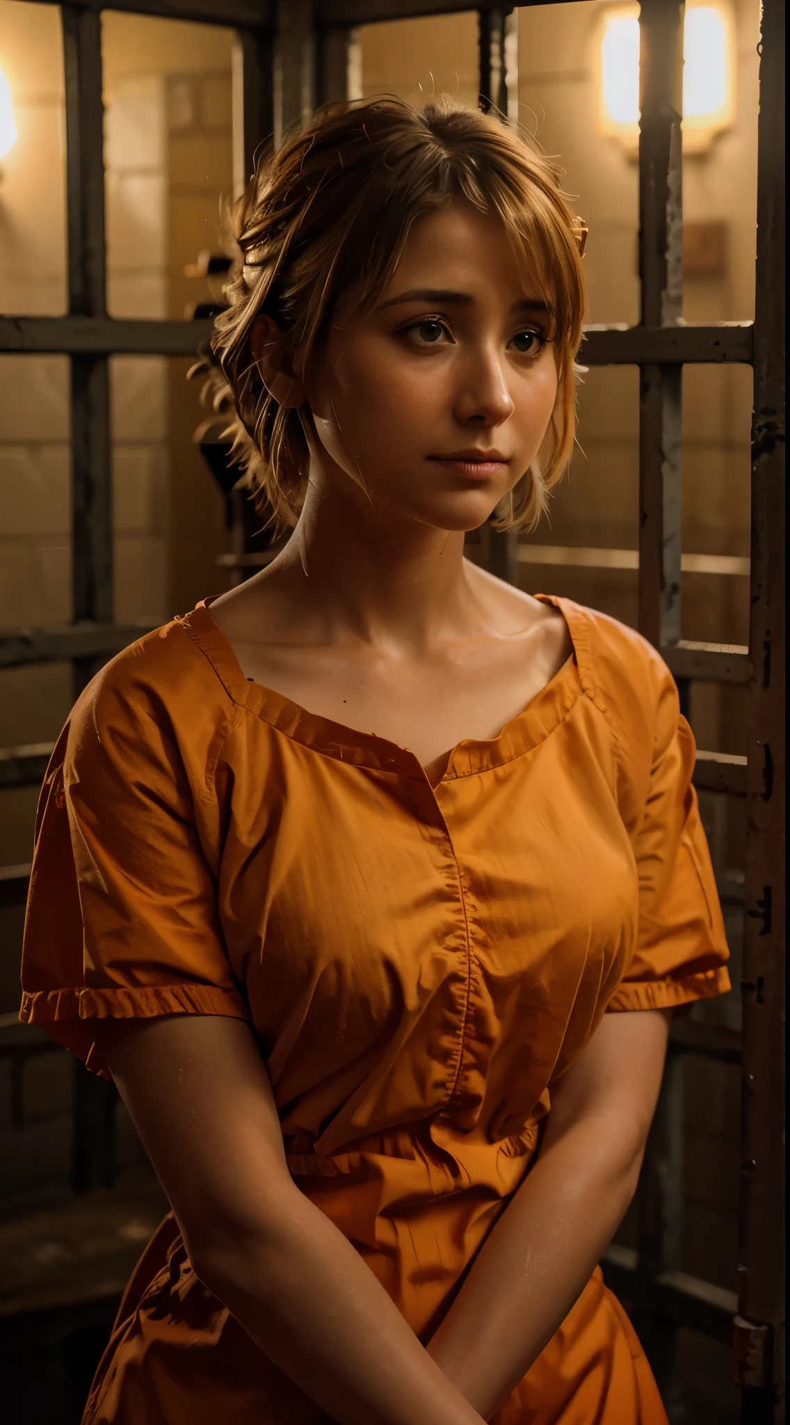 ((realism)), extremely high quality RAW photograph, detailed background, intricate, messy hair, Exquisite details and textures, highly detailed, Photo of (Allison Mack) in a prison cell, (wearing orange prison clothes:1.3), Looking away from the camera, ultra detailed photograph, warm lighting, artstation, 4k, sharp focus, high resolution, detailed skin, detailed eyes, 8k uhd, dslr, low harsh lighting, high quality, film grain, Fujifilm XT3, sad:1.3