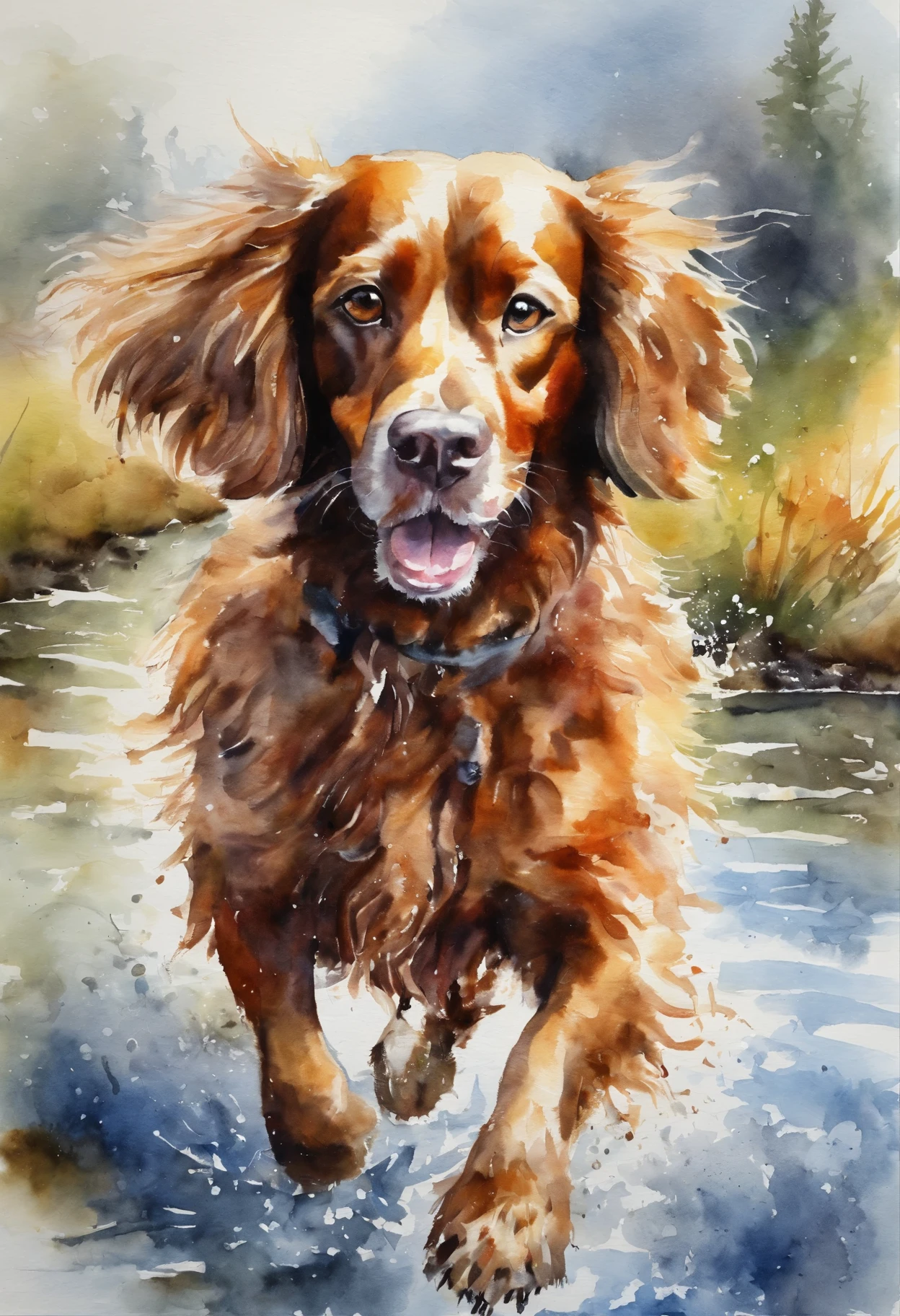 Ellie, dog breed спрингер spaniel, Sun, Vesna, March, field, running, river, spray, clouds