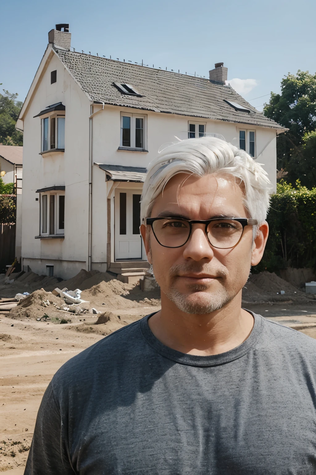 Create a cartoon image of a house under construction in the background with a man with white hair and glasses in front of the house