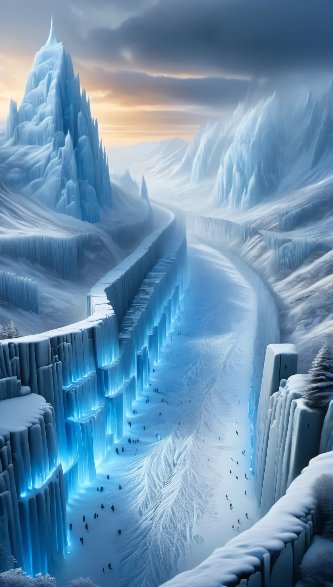 Aerial View of the Great Wall of Extinction in the hit TV series Game of Thrones, a (cliff face made entirely of snow and ice stretching for dozens of miles: 0.85), digitally rendered, standing as a solid barrier, (the Wall is located to separate the armies of the Night's Watch from the armies of the White Walkers), (so many armies of the Night's Watch from the armies of the White Walkers),(The aliens are coming with the cold,Tall,Dry and pale skin is like milk,burning blue eyes,Armed with an ice sword),Ability to resurrect dead men and women as undead, in the background: a cold windy, blizzardy , blizzard-ridden environment, creating a sense of foreboding and danger. Asymmetrically, the stronghold of Winterfell is surrounded by towering blocks of ice, and the atmosphere is filled with snowy fog, adding to the mystical and transcendent feel of the scene. The digitally created landscape is highly realistic and detailed, resembling a computer-generated artistic masterpiece. The colors are predominantly cold, with blue and white being the main hues. The lighting was carefully arranged to emphasize the striking beauty of the ice fortress, with soft diffused light illuminating the intricate ice patterns. The scene evokes a sense of awe and wonder, capturing the essence of the fantasy world depicted in the play.