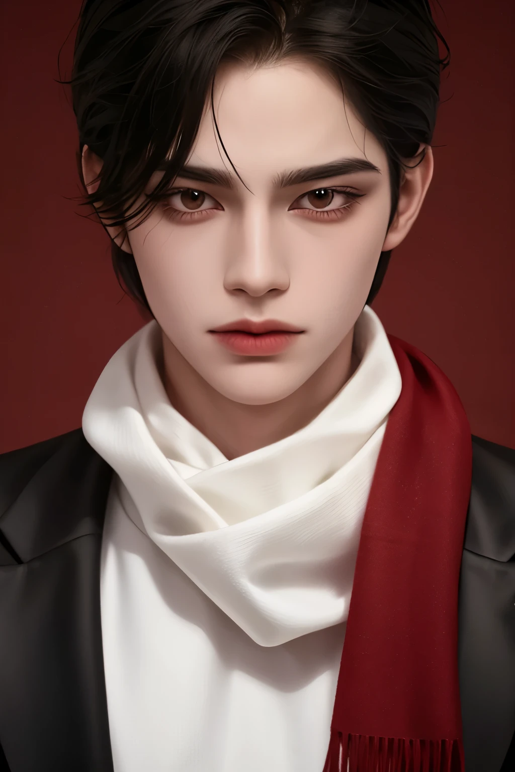 Boy, long black hair, red eyes, sharp features, white skin, sweater, scarf