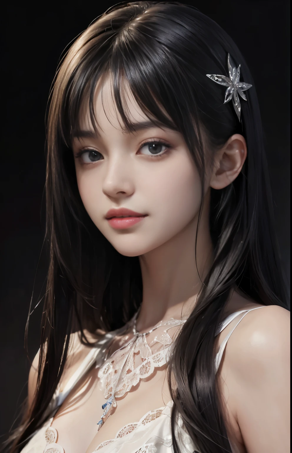 (surreal), (shape), (Improved resolution), (8k), (very detailed), (Best shape), (beautiful and detailed eyes), (highest quality), (Super detailed), (masterpiece ), ( wallpaper), (detailed face), 1 girl, s old, white dress,  lace chest,  big breasts, looking at the viewer, small details, detailed face, in the dark, deep shadow, private key, Pure erotic face ace_v1, smile, long hair, black straight hair , 46 point diagonal bangs