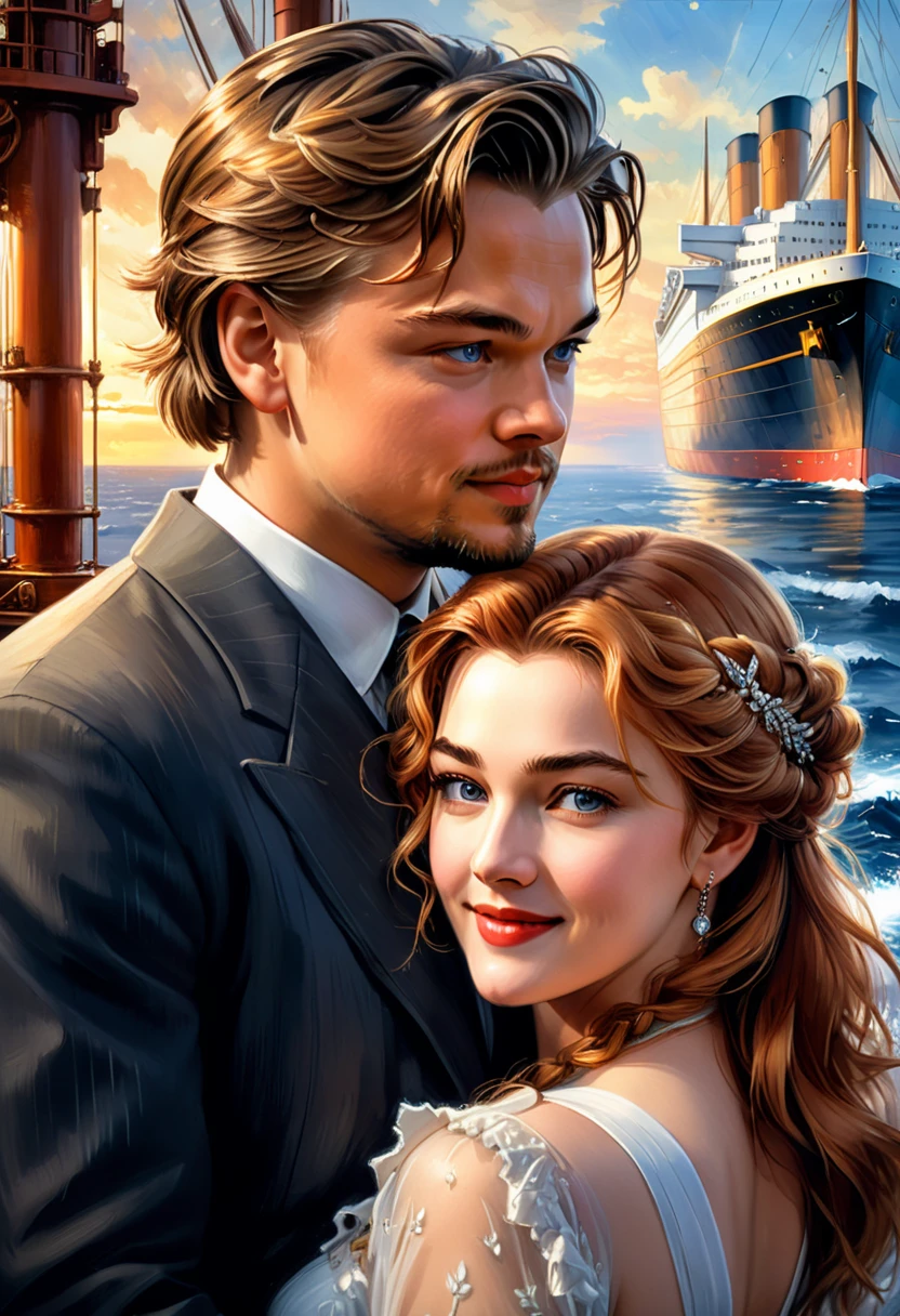 Oil painting. A captivating portrait of a young Leonardo DiCaprio and a young Kate Winslet smiling while talking. The Titanic ship is in the background. Anna Razumovskaya, 
Gabriele Dell'otto, Rich, deep colors. Image in layers with cell shading. Beautiful Face, Perfect Anatomy, Perfect Eyes, Eye Detail, Golden Ratio, Award Winning, Professional, 
Highly Detailed, Centered, Symmetry, Drawn, Intricate, Volumetric Lighting, Gorgeous, Masterpiece, Sharp Focus, Depth of Field, Perfect Composition, Award Winner, 
High resolution 8k, pixiv trends, artstation, acrylic painting, palette and brushstrokes, Greg Rutkowski, Ghibli genshin impact studio