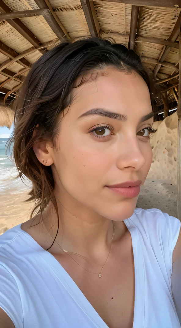 Photorealistic, acuity, Photo brute, amateur photo, belle 37 ans.Oh fille Latina-Espagnole, Prendre un selfie, Pas de culotte, oversized dress, detailed skin pores & Texture du visage, pores, cache ses mains, plage maroc, (chair de poule:0.7), pose dynamique, Regarder le spectateur, Mise au point du visage, Taken with a mobile camera, grain de film, hidden hands