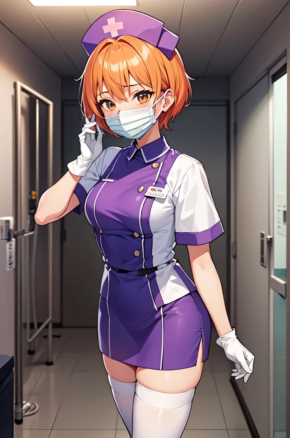 1girl, solo, nurse, nurse cap, white nurse uniform, ((white legwear, zettai ryouiki)), white gloves, very short hair, orange hair, smile, open mouth, standing, ((hospital room)), sharp outline, short sleeves, tomboy, boyish, best quality, masterpiece