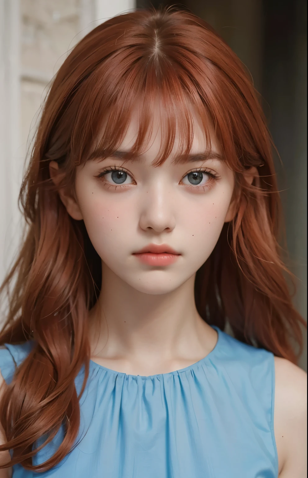 Upper body close-up image. A beautiful woman. she is looking at the camera with a serious expression. Fifteen years old. She has her bangs down. Her hair is neatly trimmed around her forehead.red hair. wearing a blue dress. She is in a chalk palace.