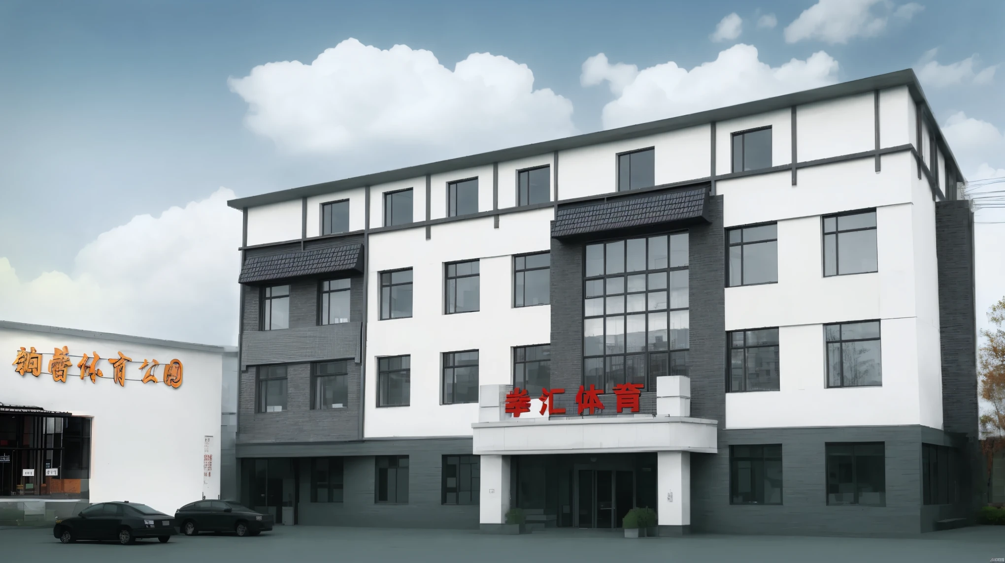 there is a building,There is a sign on the front, introduction factory photo, office building, External view, complete building, office, exterior, building orientation, street view, External, jinyiwei, zhuoxin ye, qiangshu, factory, jin shan, looking from the outside, nanquan, Front view, zeng fanzh