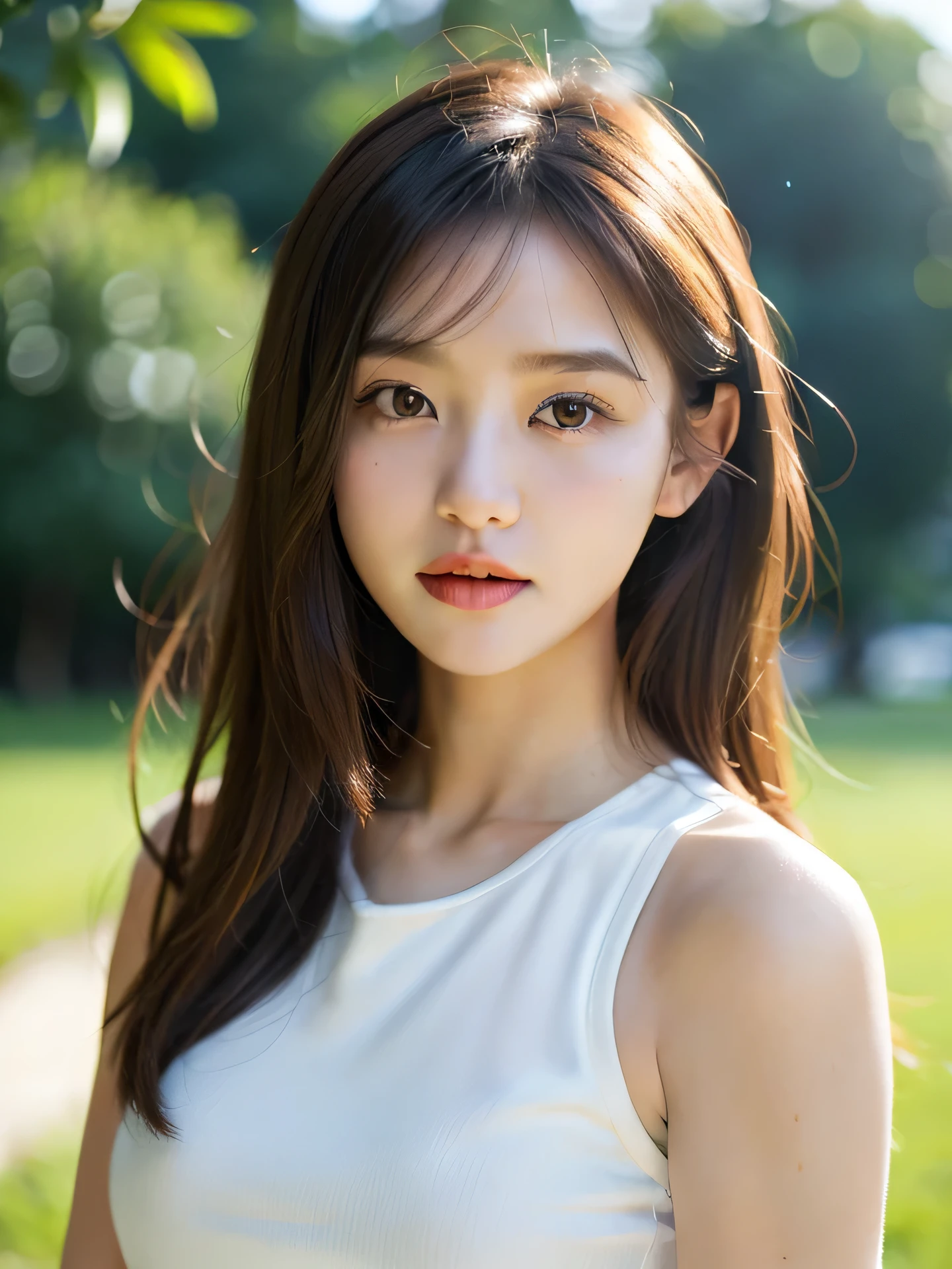 masterpiece, Best Quality, Raw photo, 8K, ultra-detailed face, 1girl, Beautiful detailed skin, backlight, soft light, bashful, (shoot from front), looking at  viewer, open your mouth as if you want to say something, Luminescent, Anatomically correct, Medium hair, bangs, Eyes and faces with detailed, Textured skin, Professional Photography, Bokeh, Portrait, Professional Lighting, Solo, Cute, Girly, Film grain, Mini dress,