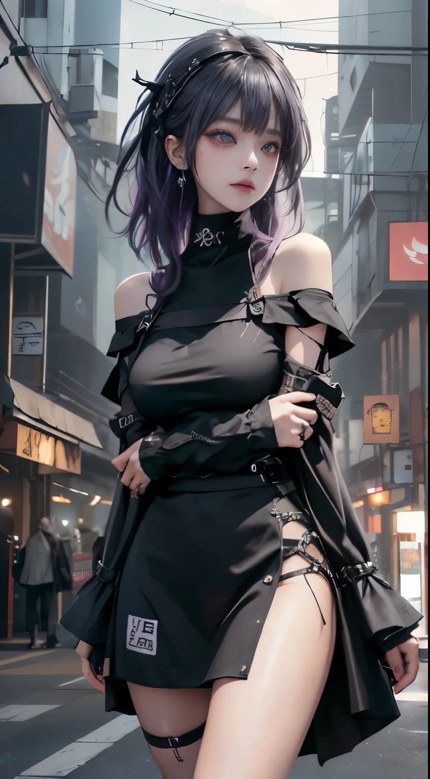 4K - ultra-vivid、highest quality, masterpiece, ultra high resolution, (reality: 1.4),  16 year old girl, purple eyes, Off-the-shoulder sweater dresses, cinematic lighting、purple and black hair、(Mine Girl、goth makeup、my makeup)、(earrings、big breasts、Oversized black T-shirt with open shoulders、Dark mini skirt)、((dark makeup、oil skin,glowing skin、realistic skin texture、fine and beautiful skin、shiny skin)), nightの暗い繁華街、night、blue film photography、kabukicho、Dark Cyberpunk、(full shot:1.8)、thin legs、thin arms、thin shoulders、thin waist、slender body、big breasts、whole body、(JAV cover: 1.8)