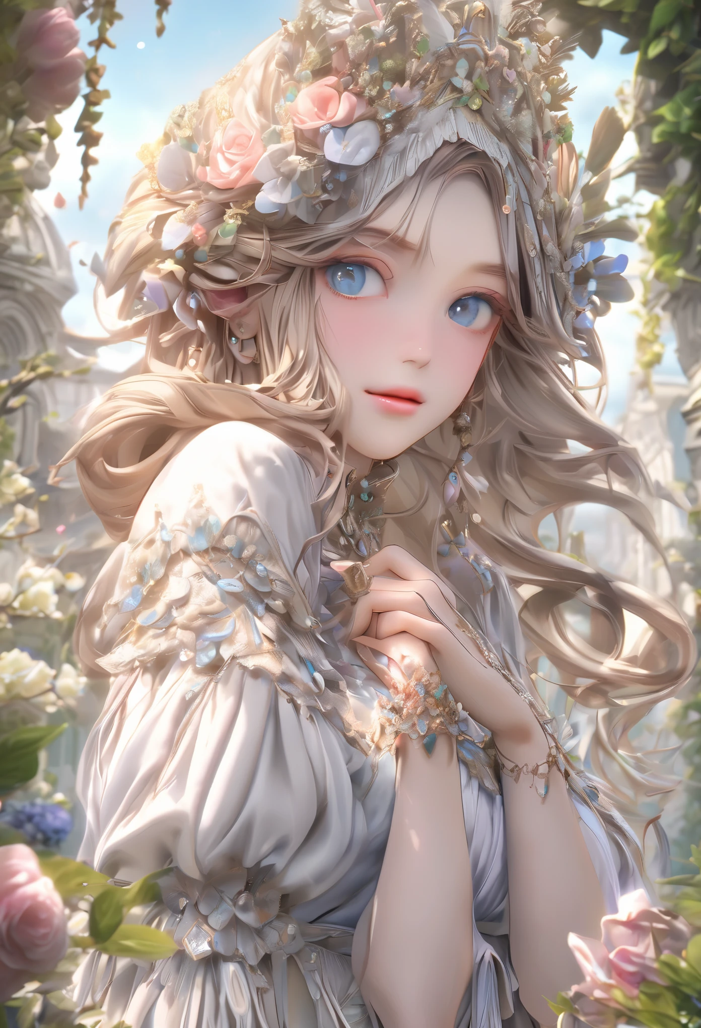 Secret garden, noble lady, paradise, heroine, game character, tender, gorgeous colors, unrealistic, insanely detailed, (((masterpiece))), best quality, 8k, ultra high res, (((???????-based character design)), by BoochaN