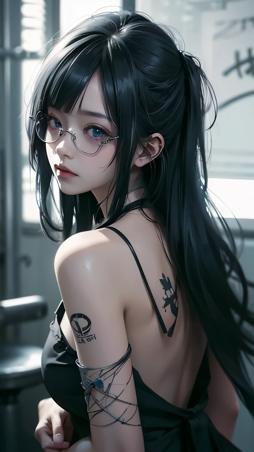 8k wallpaper, tmasterpiece, 电影灯光, Best quality at best, illustratio, dramatic angles, ((colours: 1.1)), ((Undercoat color: 1.4)), 1个Giant Breast Girl, Alone, long whitr hair, Eau, eBlue eyes, Black glasses, Collar, Open your lips, White collar, liquid hair, brunette color hair, By bangs, From the side Side, side, The upper part of the body, simple backgound, greybackground, exposed bare shoulders, sportrait, looking at viewert, White dress, hair between eye, white backgrounid, 耳Nipple Ring,