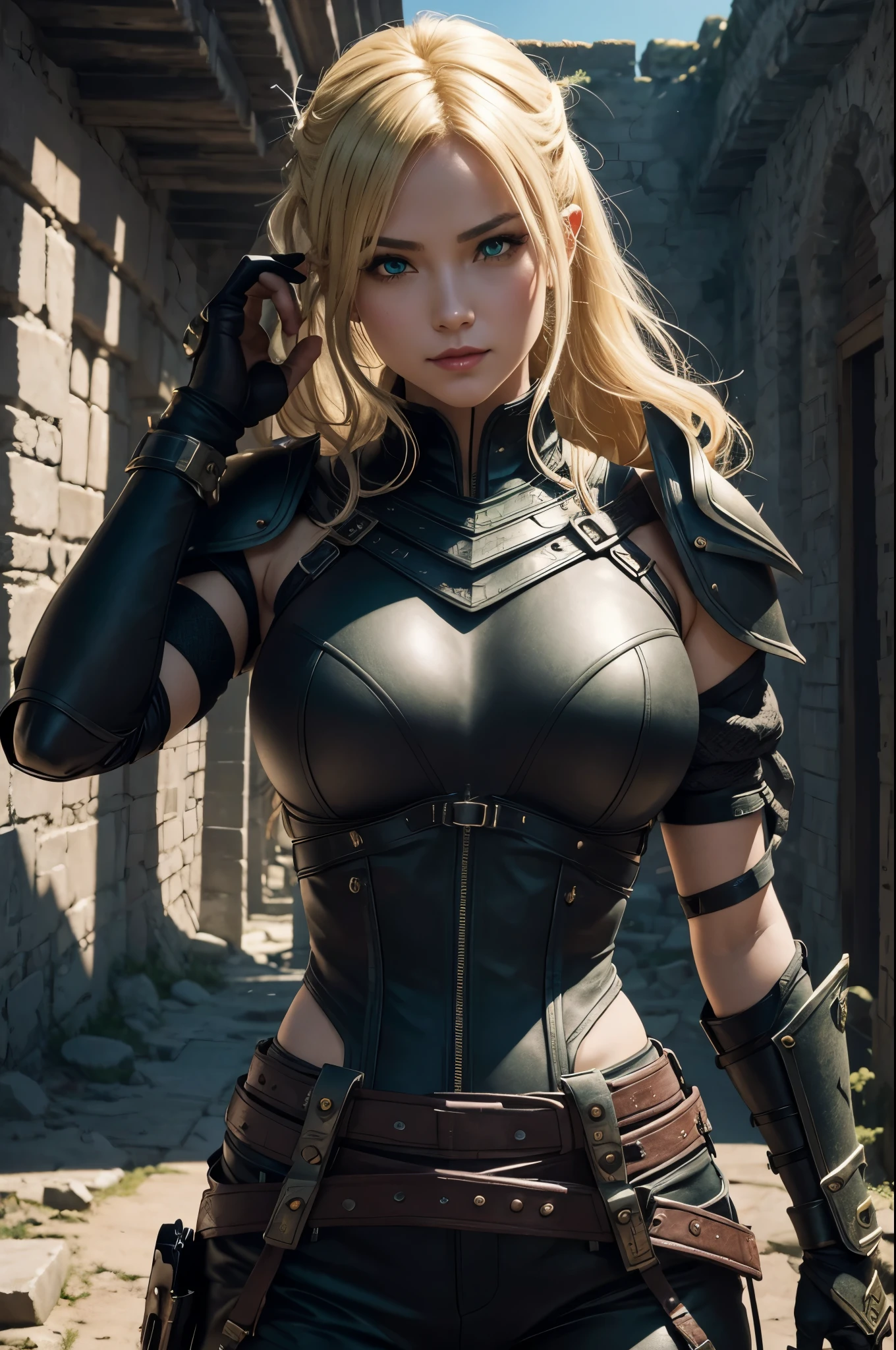 Thirty-year-old woman, 170 cm tall, ((((( female european assassin ))))), model-like beauty, perfect features, ((((wearing in black armor)))), (((gold ponytail ))), (((((large breasts:1.2))))), England castle in the background, standing on the castle, (((((dynamic pose:1.1))))), (((high quality:1.1))), (((high resolution:1.1))), (((realistic:1.2))), ((((Detailed description:1.1)))), slim waist, plump upper body, plump lower body, perfect arms, perfect collarbone, perfect fingers, perfect five fingers, perfect hands, perfect limbs, perfect hips, Perfect butt, perfect thighs, perfect legs, movie lighting