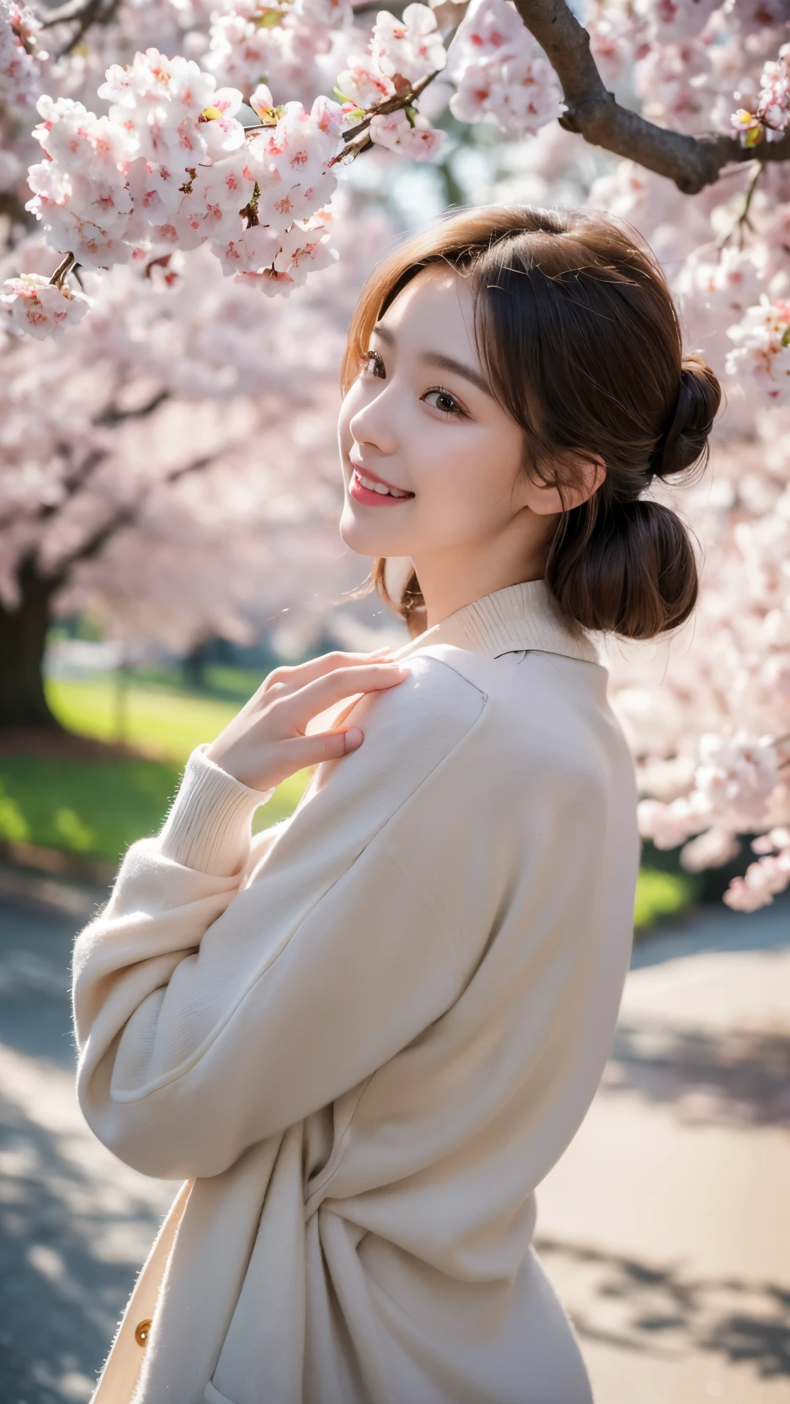 (masterpiece:1.3), (8k, Photoreal, RAW photo, best image quality: 1.4), (beautiful cherry blossom scenery,Walking along the cherry blossom trees),Instagram beauty,20 year old girl、(stylish spring coat)(random hairstyle:1.2)、super detail face、pay attention to details、double eyelid、sharp focus:1.2、Beautiful woman:1.4、light brown hair、highest quality、masterpiece、(Photoreal:1.4)、Highly detailed and professional lighting、Fashion Model、serious expression、short hair、transparent skin、random pose、shining hair,I'm embarrassed、smile