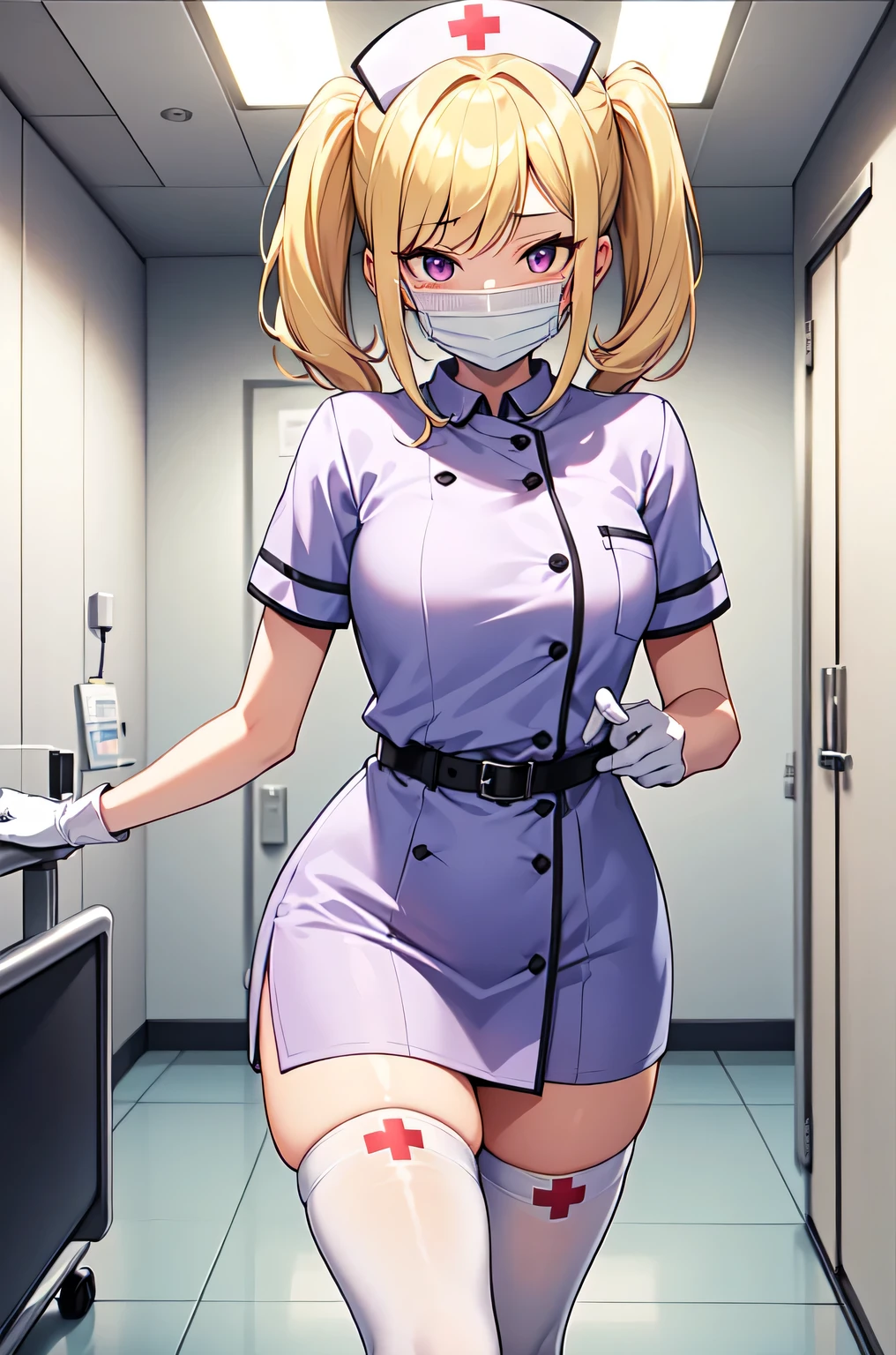 1girl, solo, nurse, nurse cap, white nurse uniform, ((white legwear, zettai ryouiki)), white gloves, twintails, yellow hair, purple eyes, ((white surgical mask, covered nose)), standing, ((hospital room)), sharp outline, short sleeves, best quality, masterpiece