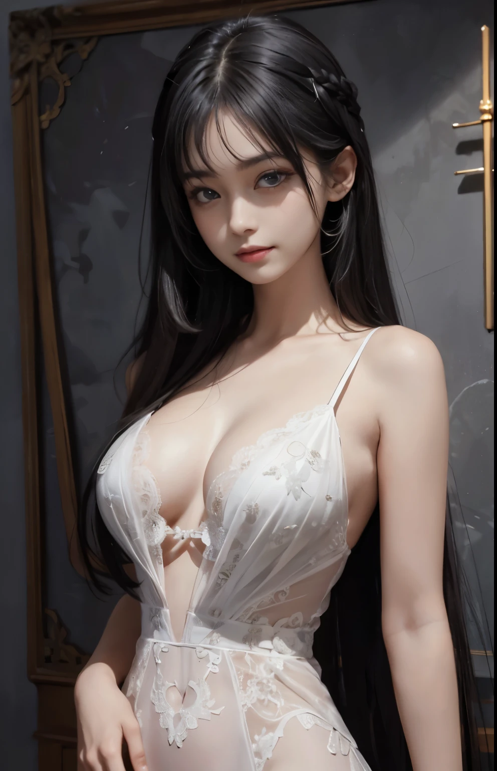 (surreal), (shape), (Improved resolution), (8k), (very detailed), (Best shape), (beautiful and detailed eyes), (highest quality), (Super detailed), (masterpiece ), ( wallpaper), (detailed face), 1 girl, , white dress, lace chest, big breasts, looking at the viewer, small details, detailed face, in the dark, deep shadow, private key, Pure erotic face ace_v1, smile, long hair, black straight hair , 46 point diagonal bangs