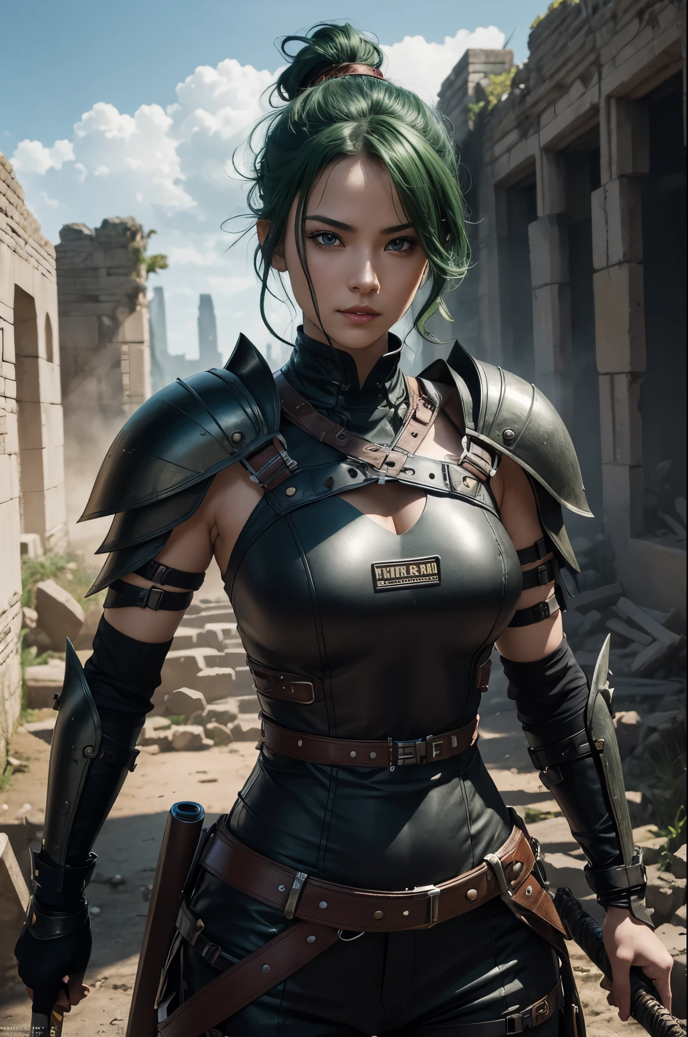 8K,Sexy medieval demon slayer in combat bondage outfit,Super beautiful(like the real thing),green eyes,Big eyes,green mohawk hair,black combat bondage pants,carry a long, large sword on one&#39;s back,fearless smile,detailed hazel eyes, sharp face, clear eyes, red lips, long bangs, short curly hair, blonde, 山の中の大きなIn front of the ruins, Upper body, sexy battle suit, military harness,luxurious black shoulder armor,luxurious black chest armor,masterpiece,Photorealistic RAW photos of the highest quality。bright colors,rich colors, Backlight, cinematic lighting, film grain, to be born, 50mm lens, Nikon D850,detailed character art,fantasy art,ultra high resolution,super realistic skin,perfect hand shape,In front of the ruins,dynamic pose,Close-up,fighting pose,action scene,