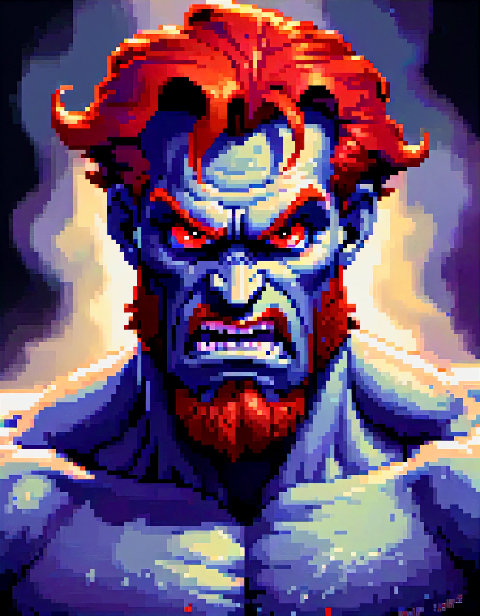 An ominously brooding and evil version of Hercules from Disney. he is a demon with evil glowing red eyes and red hair. He is clean shaven. In this striking painting, the villain's features are twisted into a malevolent sneer, his gaze piercing and threatening. The artist skillfully captures the contrast between Hercule's familiar form and this sinister interpretation, creating a visually captivating and atmospheric piece that radiates intensity and dark power.