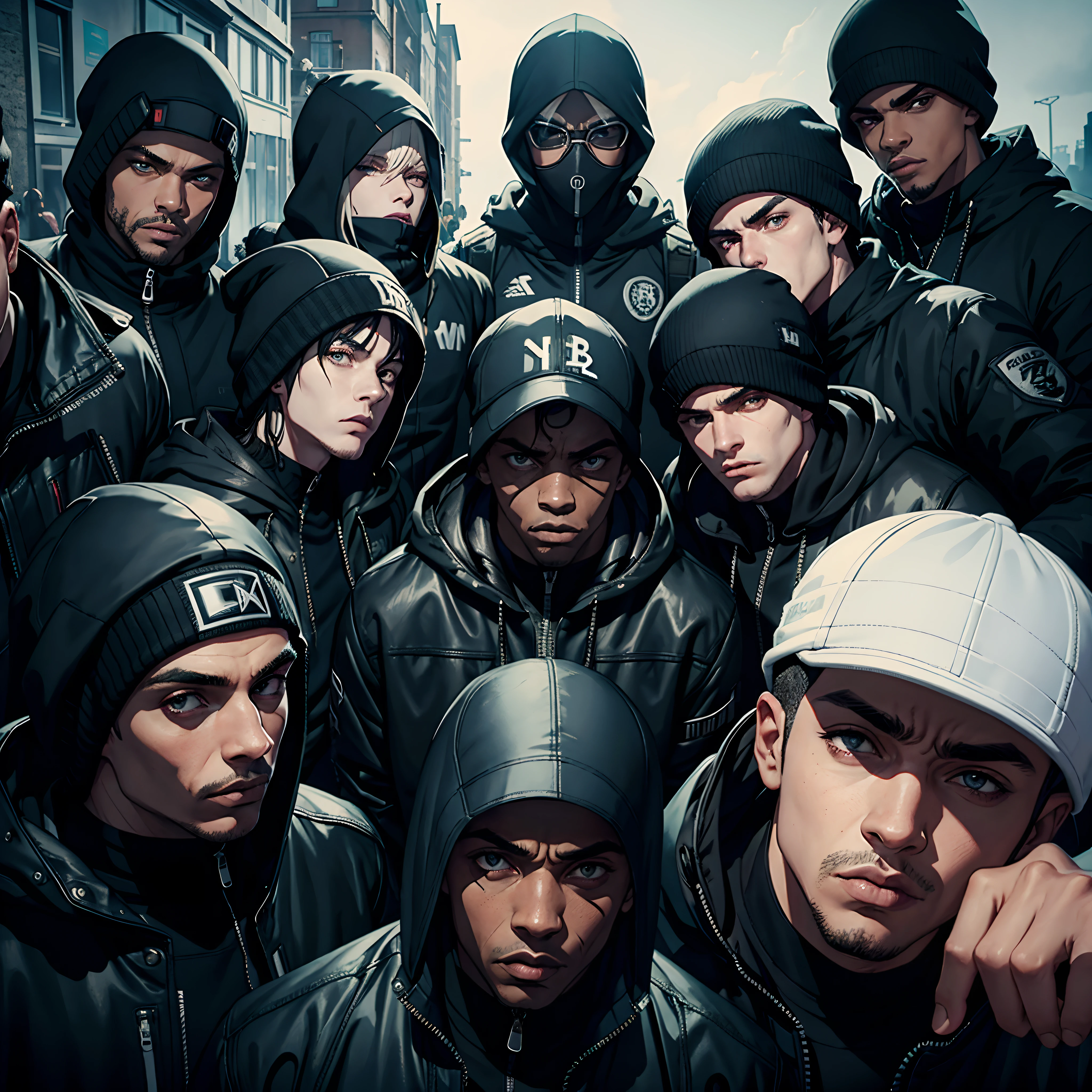 Roadman Reino Unido, Wearing a ski mask, vestindo uma jaqueta de gotejamento, Realista, usando luvas pretas, cercado por homens da estrada, poses durões,6 pessoas,All posing for the camera, sombra,close up of 6 pessoas