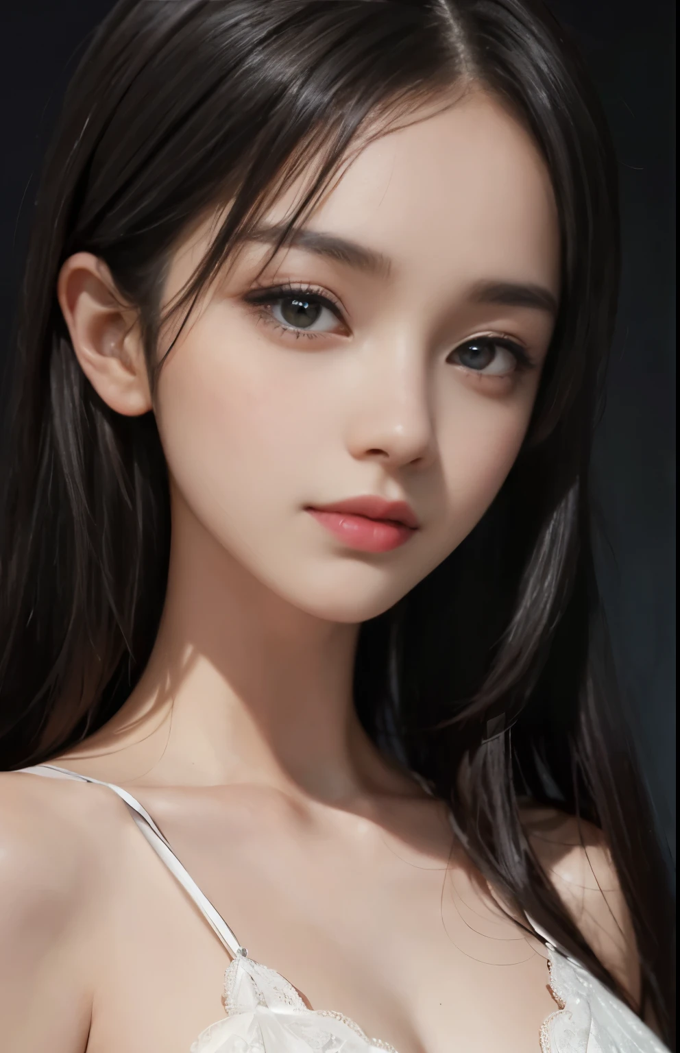 (surreal), (shape), (Improved resolution), (8k), (very detailed), (Best shape), (beautiful and detailed eyes), (highest quality), (Super detailed), (masterpiece ), ( wallpaper), (detailed face), 1 girl, , white dress,  lace chest,  big breasts, looking at the viewer, small details, detailed face, in the dark, deep shadow, private key, Pure erotic face ace_v1, smile, long hair, black straight hair , 46 point diagonal bangs