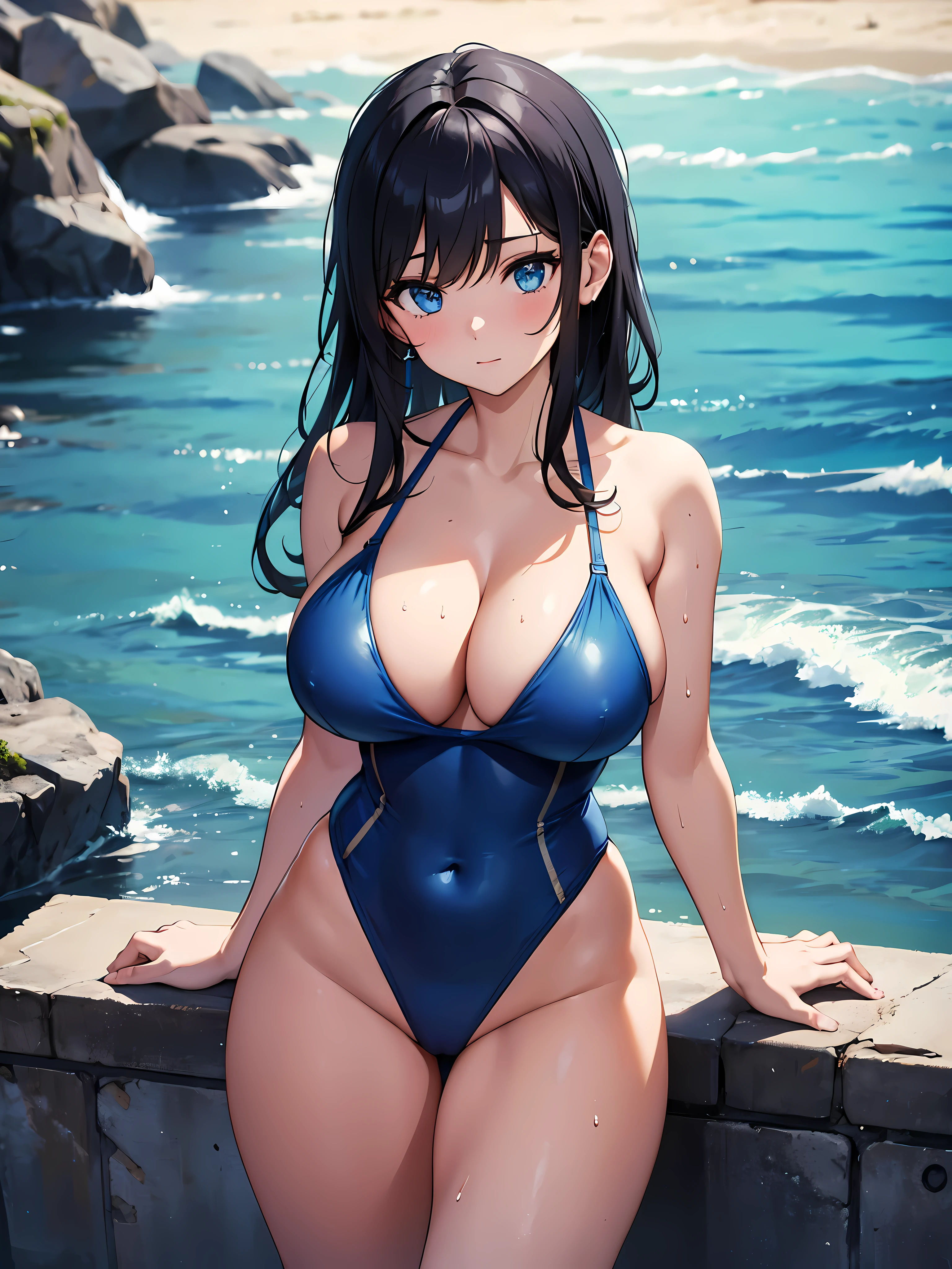 (masterpiece, best quality best:1.3), In fact, (In fact 사진, intricate details, depth of field),  best quality best,  (blue swimsuit), fitness model, fair skin, (Beach:1.2) , (milf:1.2) , (big bust:1.2) , (wide hips:1.2) , (black hair:1.2) , (blue_eye) , (wet)