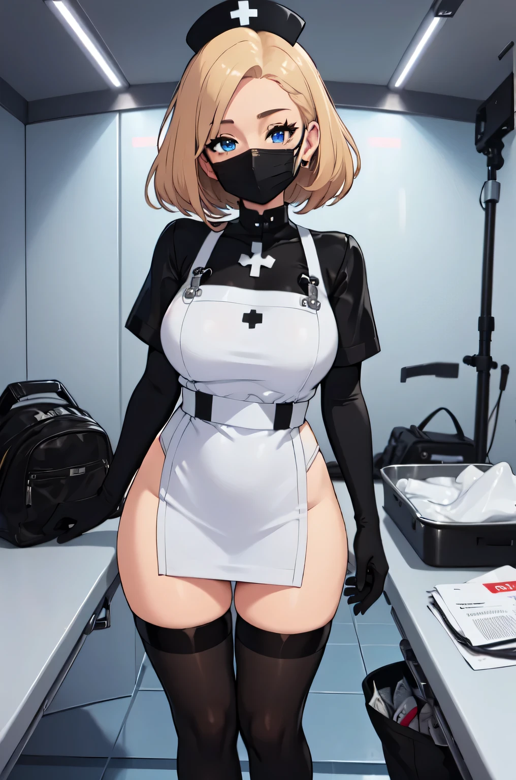 black nurse, 1woman, solo, black nurse cap, black nurse uniform, ((black legwear, zettai ryouiki)), black elbow gloves, blonde hair, blue eyes, ((black surgical mask, covered nose)), standing, ((surgery room)), sharp outline, short sleeves, mature female, 35 years old, best quality, masterpiece