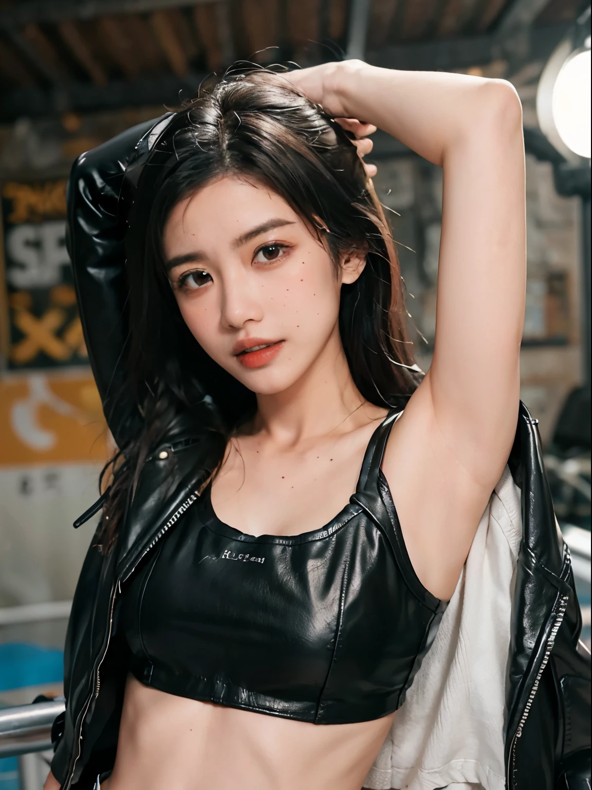 (8k、RAW Photos、top-quality、​masterpiece:1.2)、(realistic Photo-realsitic:1.37)、1girl in、japanese, 18-years old, face lights, Detailed face、Detailed lips, (wearing a black faux leather jacket over silver sports bra:1.5), (exposed right shoulder and armpit :1.5), seductive pose, opened jacket, long black hair,